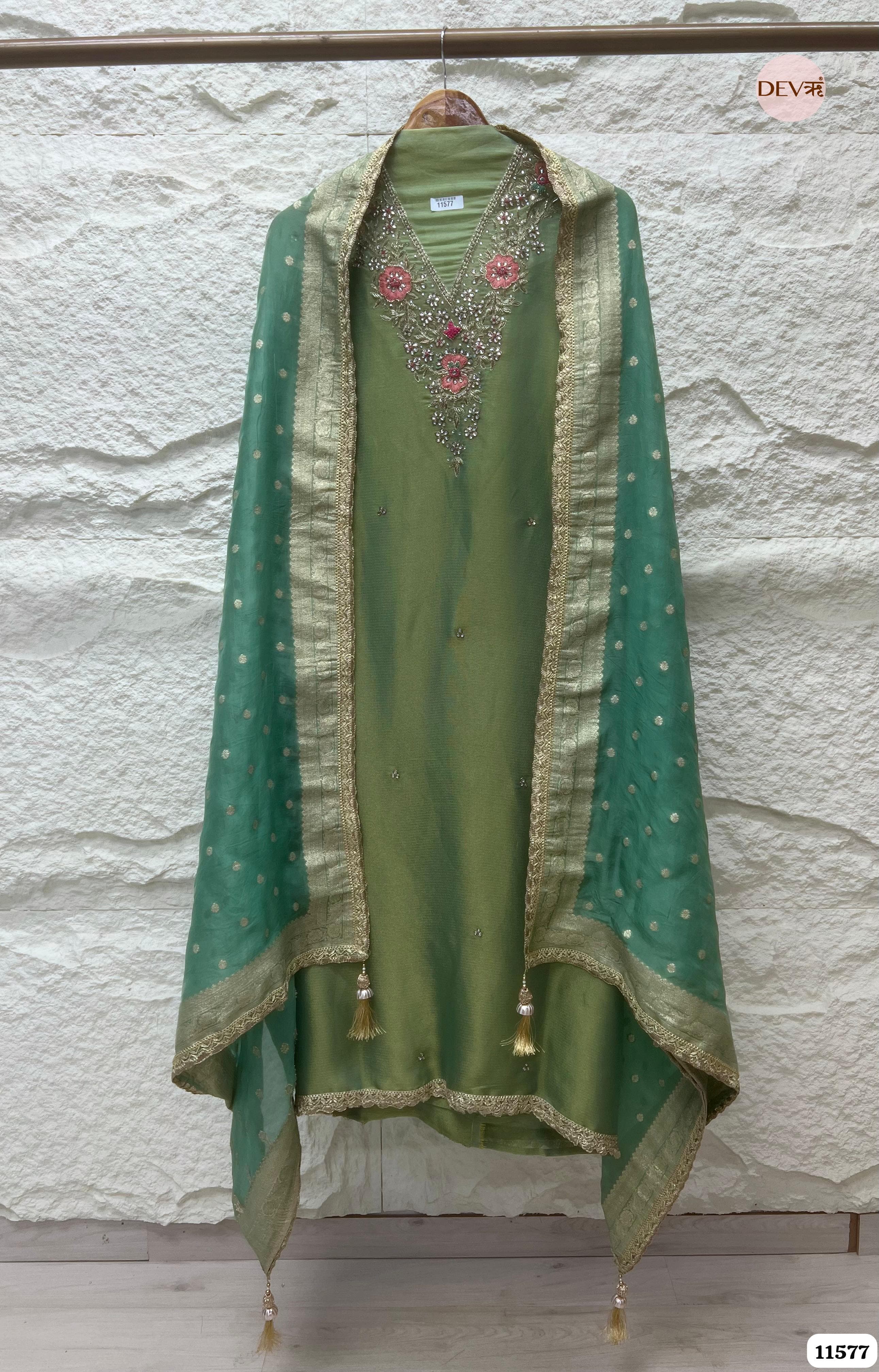 Green Pure Tissue Silk Unstitched Hand Embroidered -Set Of 3 {11577}