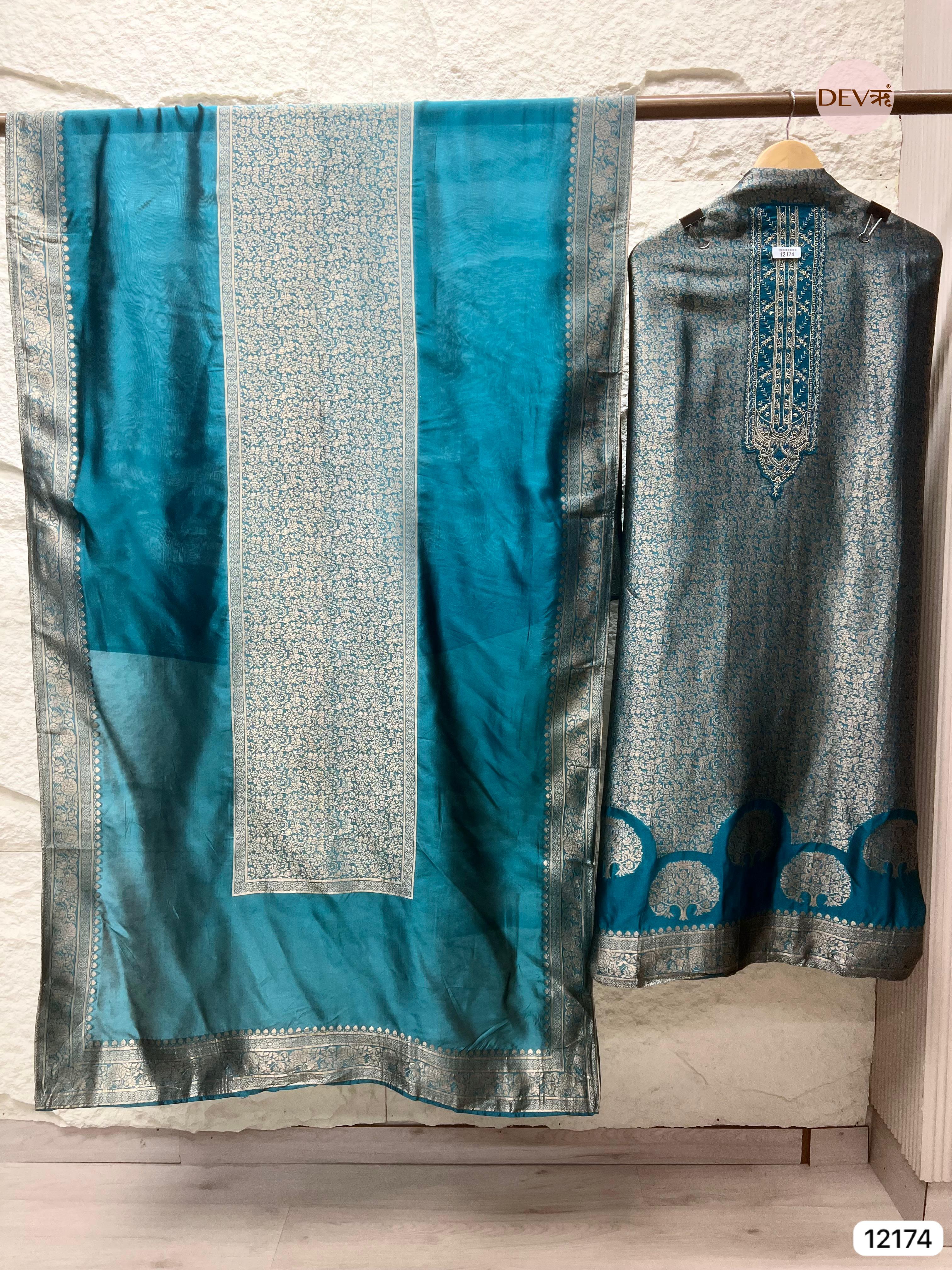 peacock Blue Pure Banarasi silk Unstitched Hand Embroidered -Set Of 3 - {12174}