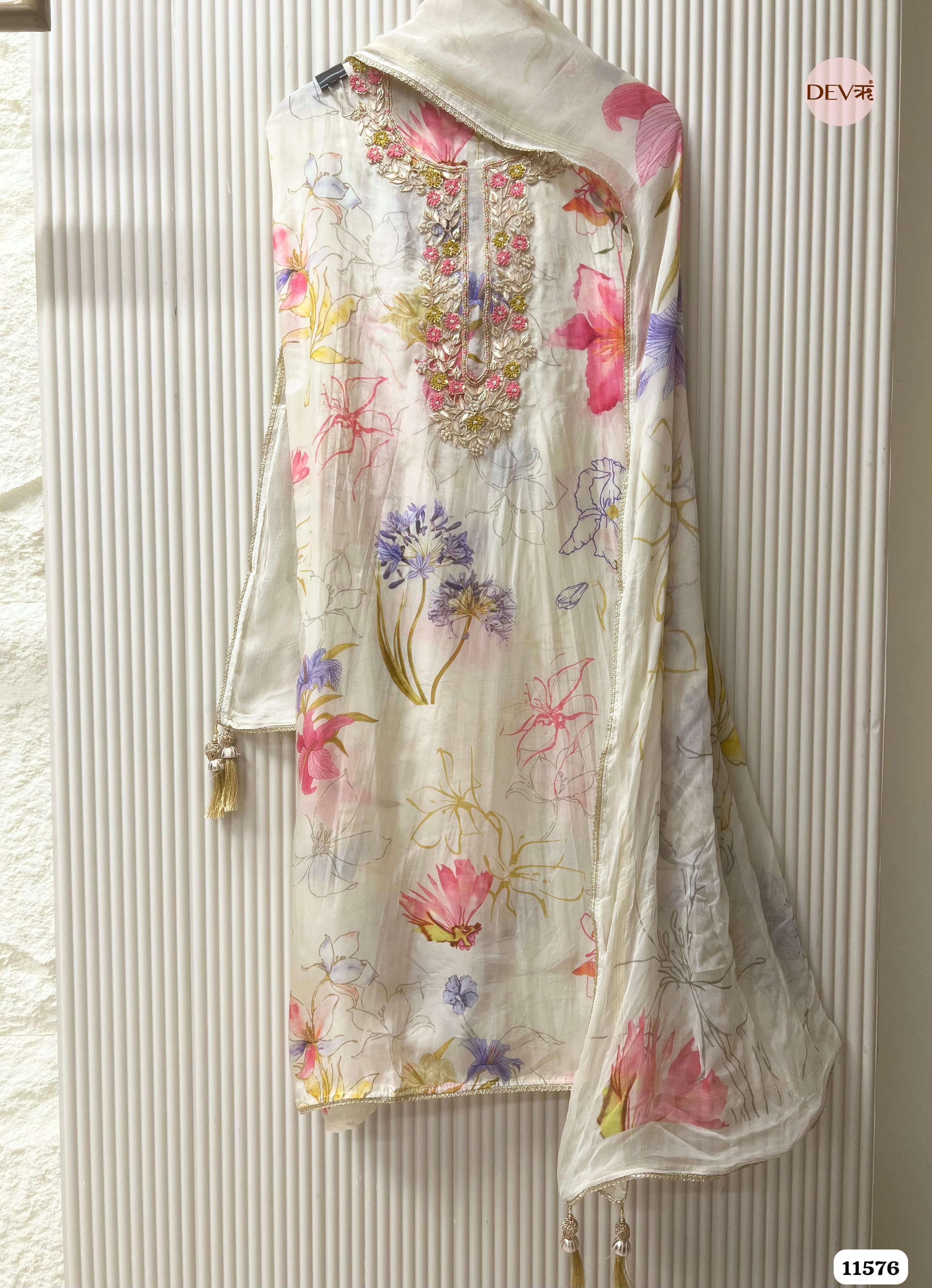 Off-White Or Cream Pure Organza Silk Unstitched Printed Hand Embroidered -Set Of 3 {11576}