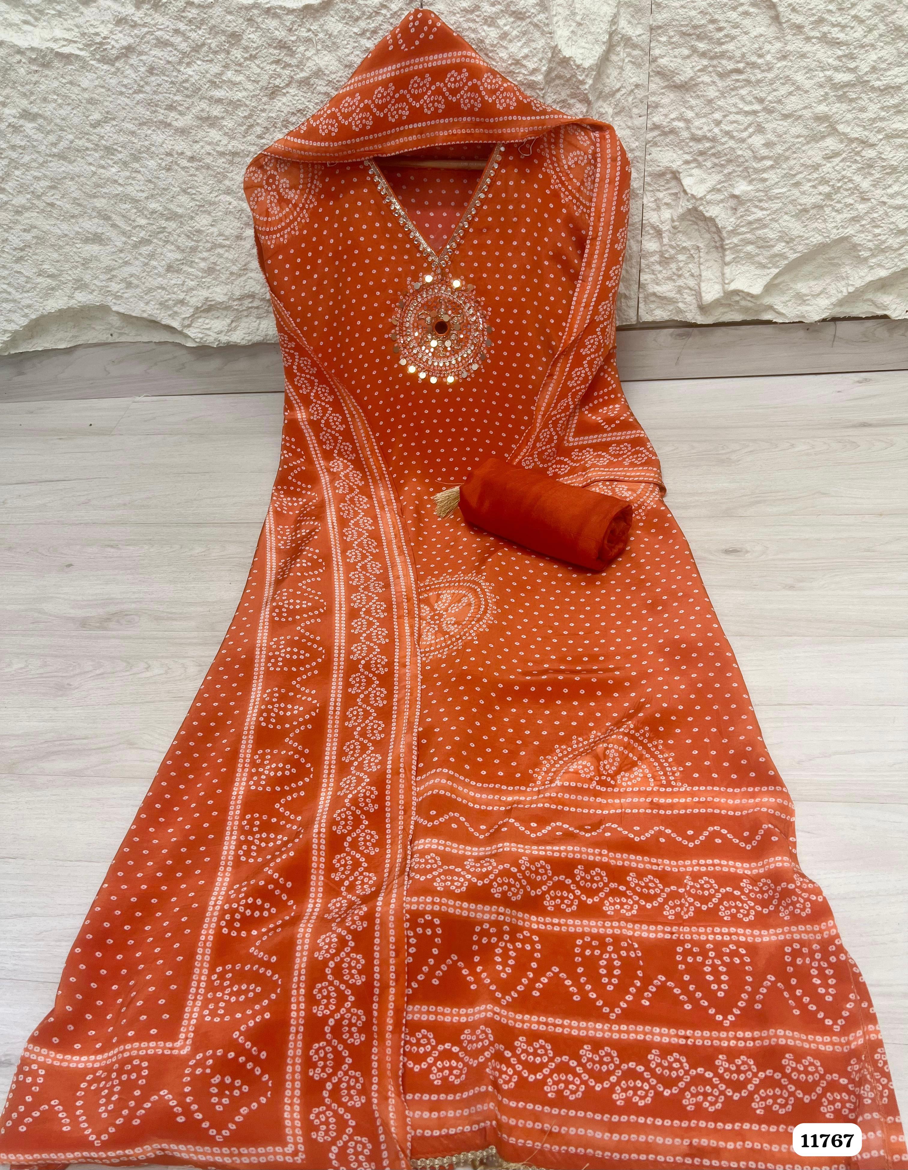 Orange Natural Crepe Unstitched Printed Hand Embroidered -Set Of 3 {11767}
