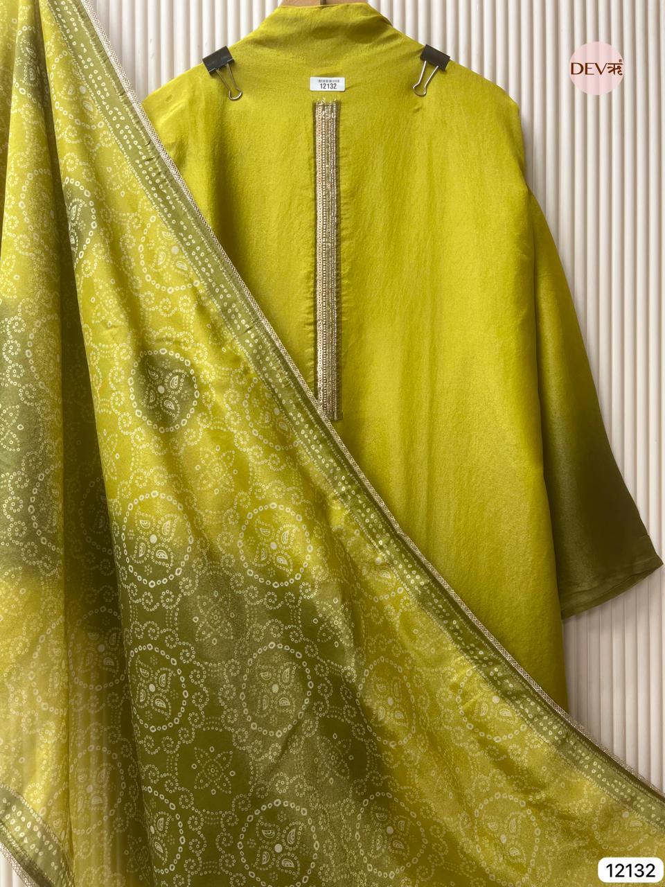 Olive-Green Soft Tissue Silk Embroidered Unstitched 3-Piece Suit (Devri – D.No 12132)
