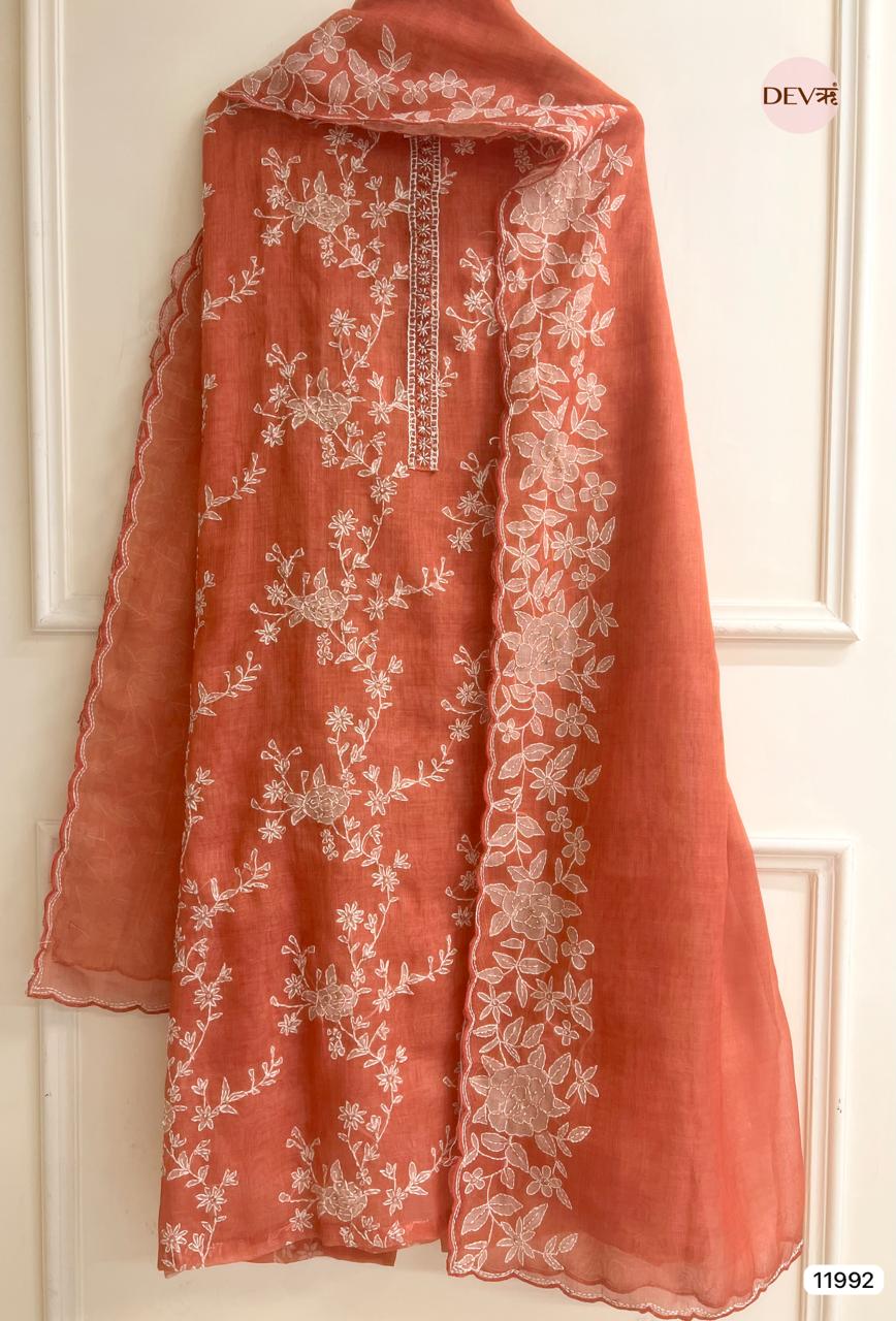 Rust Pure Mul Linen Unstitched Embroidered -Set Of 3 - {11992}