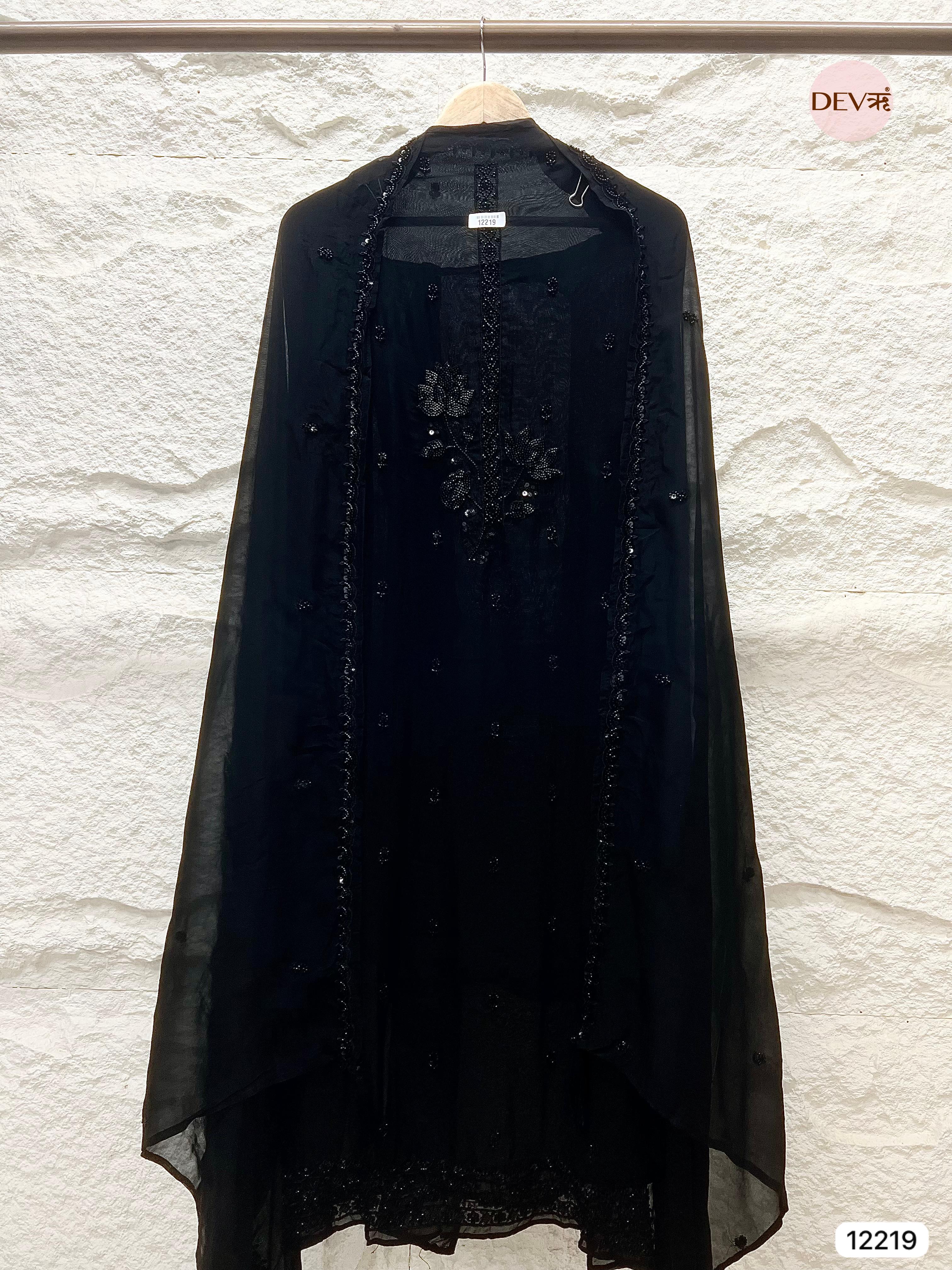 Elegant Black Organza Hand-Embroidered Unstitched 3-Piece Suit (Devri – D.No 12219)