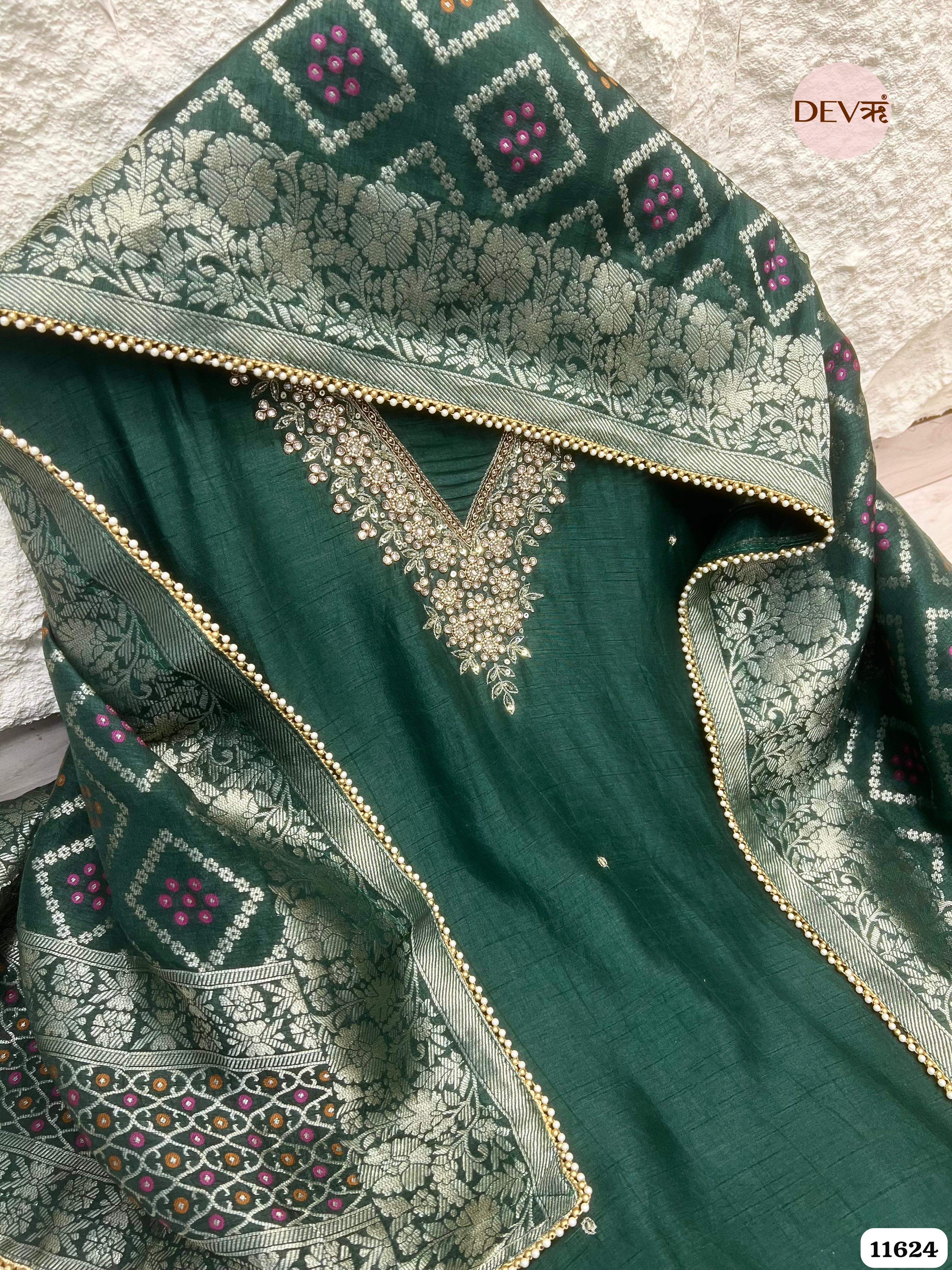 Dark Green Pure Russian Silk Unstitched Hand Embroidered -Set Of 3 {11624}