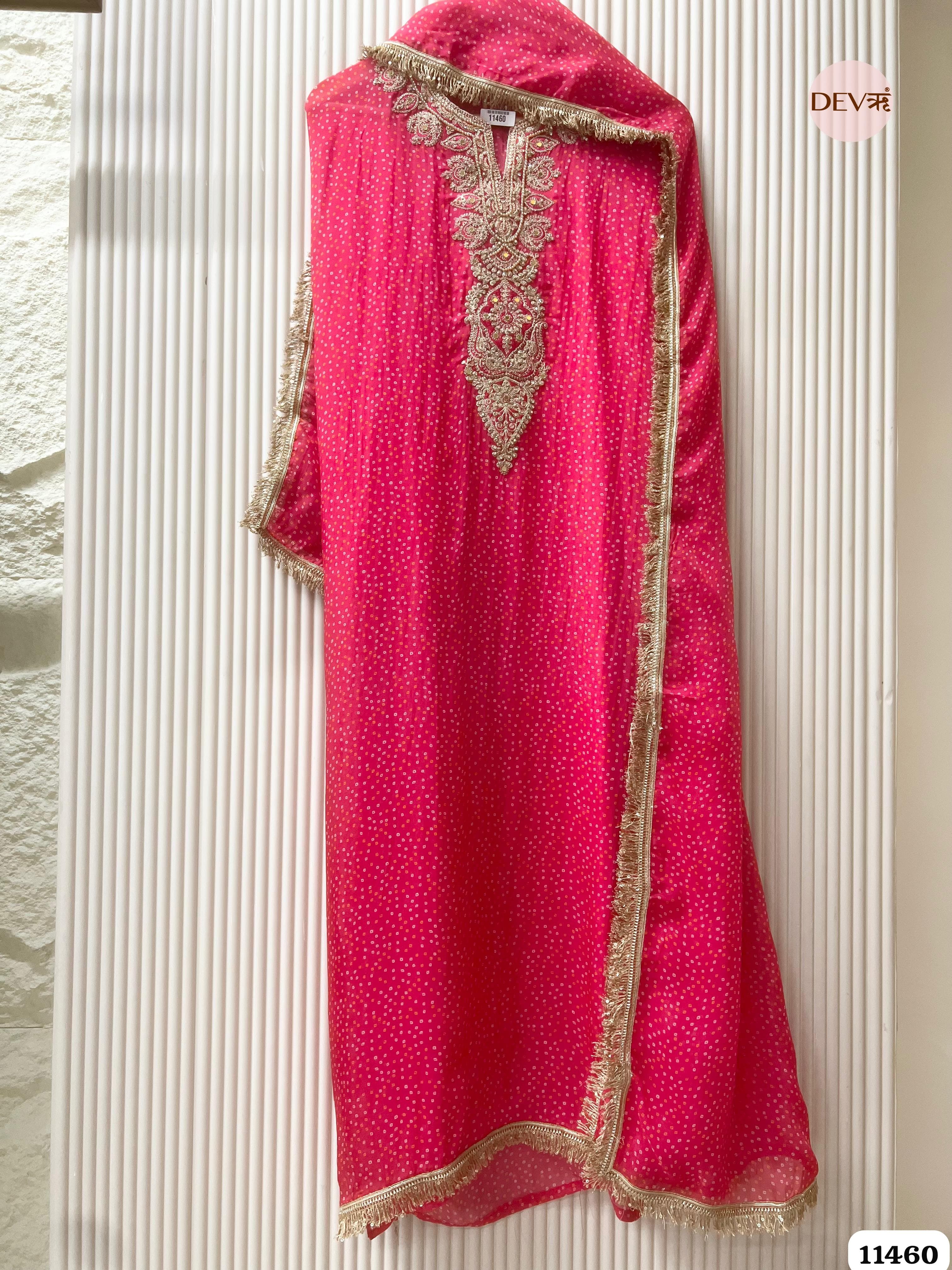 Pink Pure Organza Printed Hand Embroidered -Set Of 3 {11460}