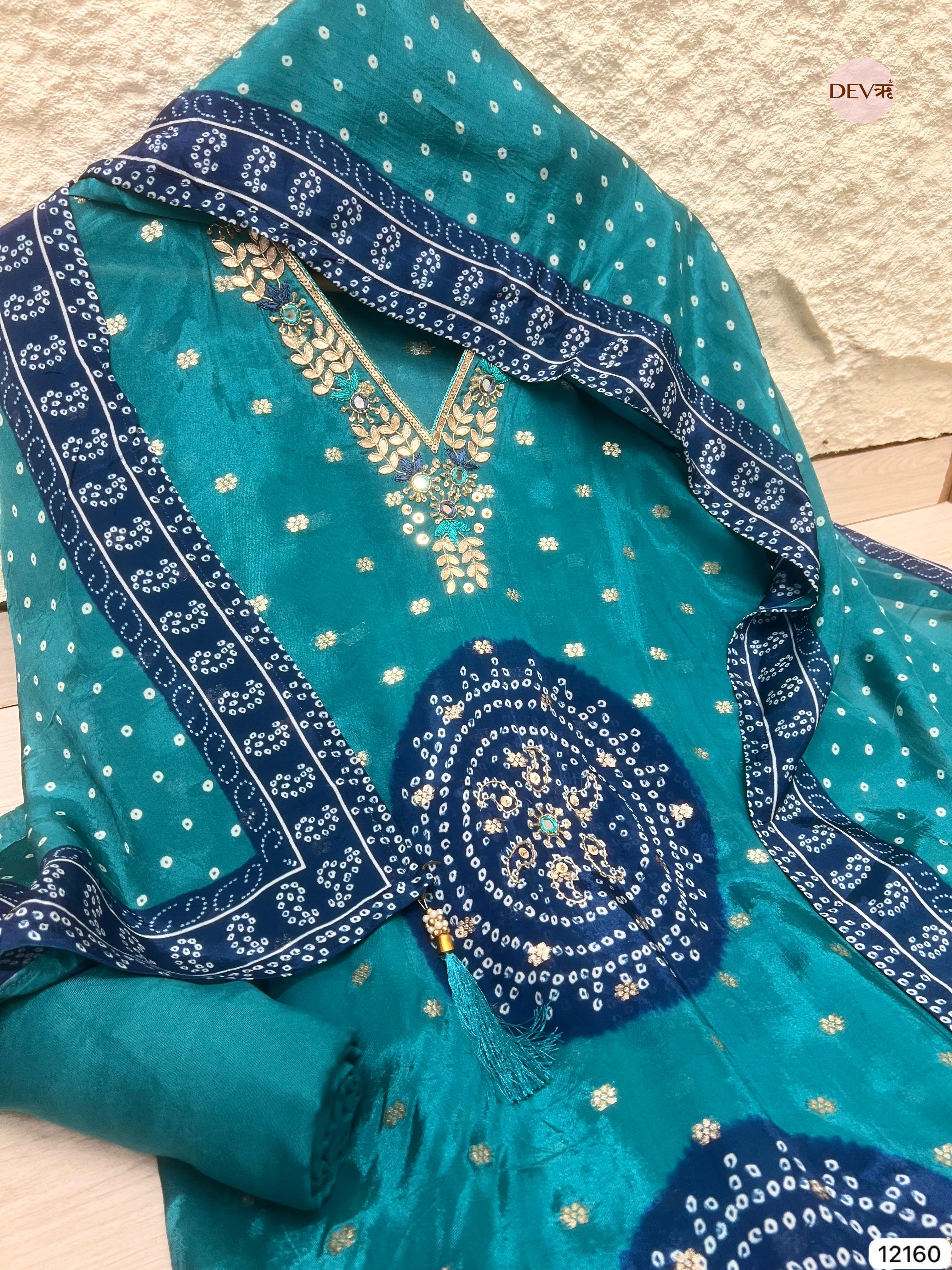 Blue Pure Shimmer Organza Silk Unstitched Banarasi Woven Bandhani Printed Hand Embroidered -Set Of 3 - {12160}