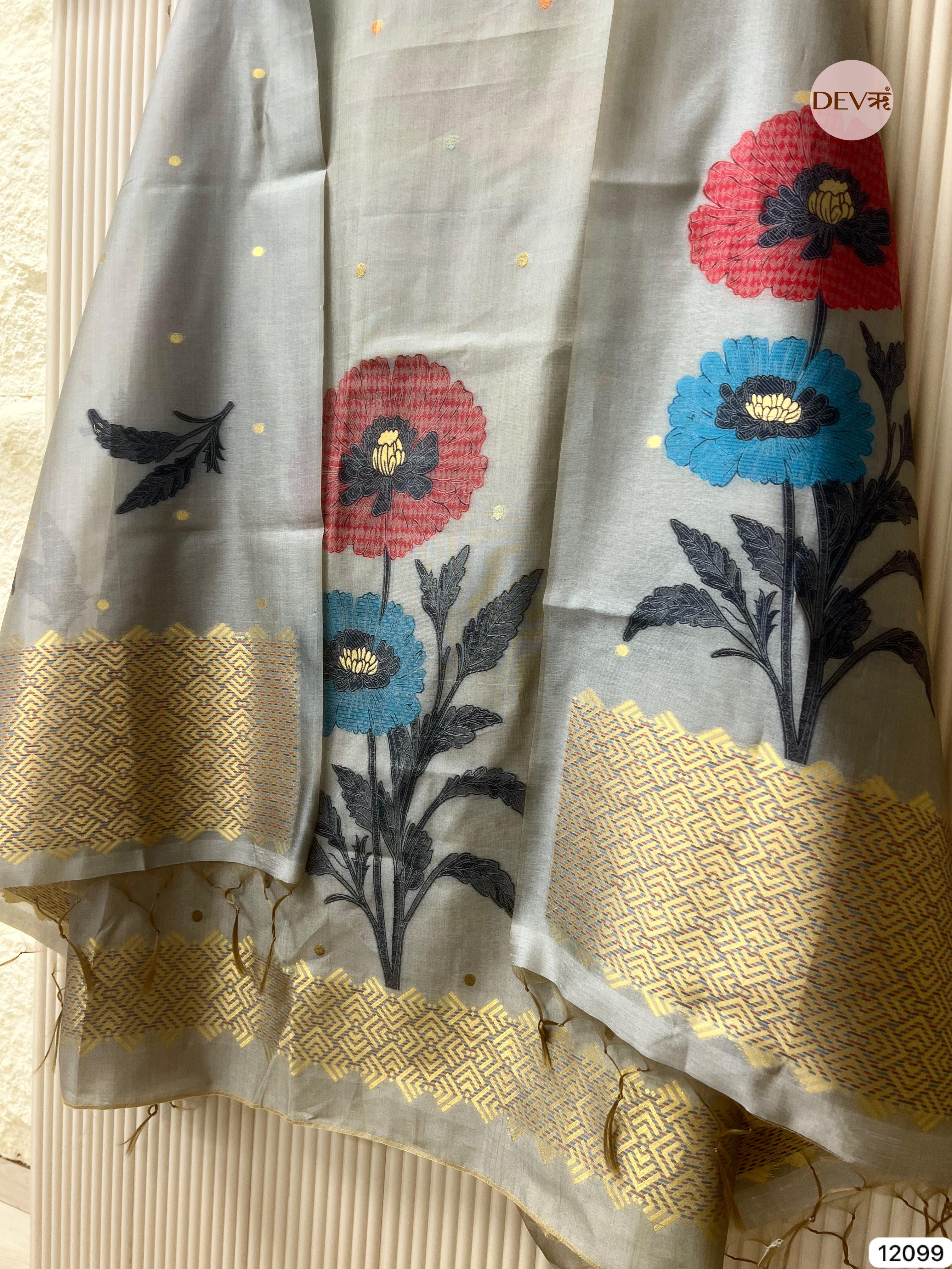 Grey Banarasi Khadi Silk Unstitched -Set Of 3 - {12099}