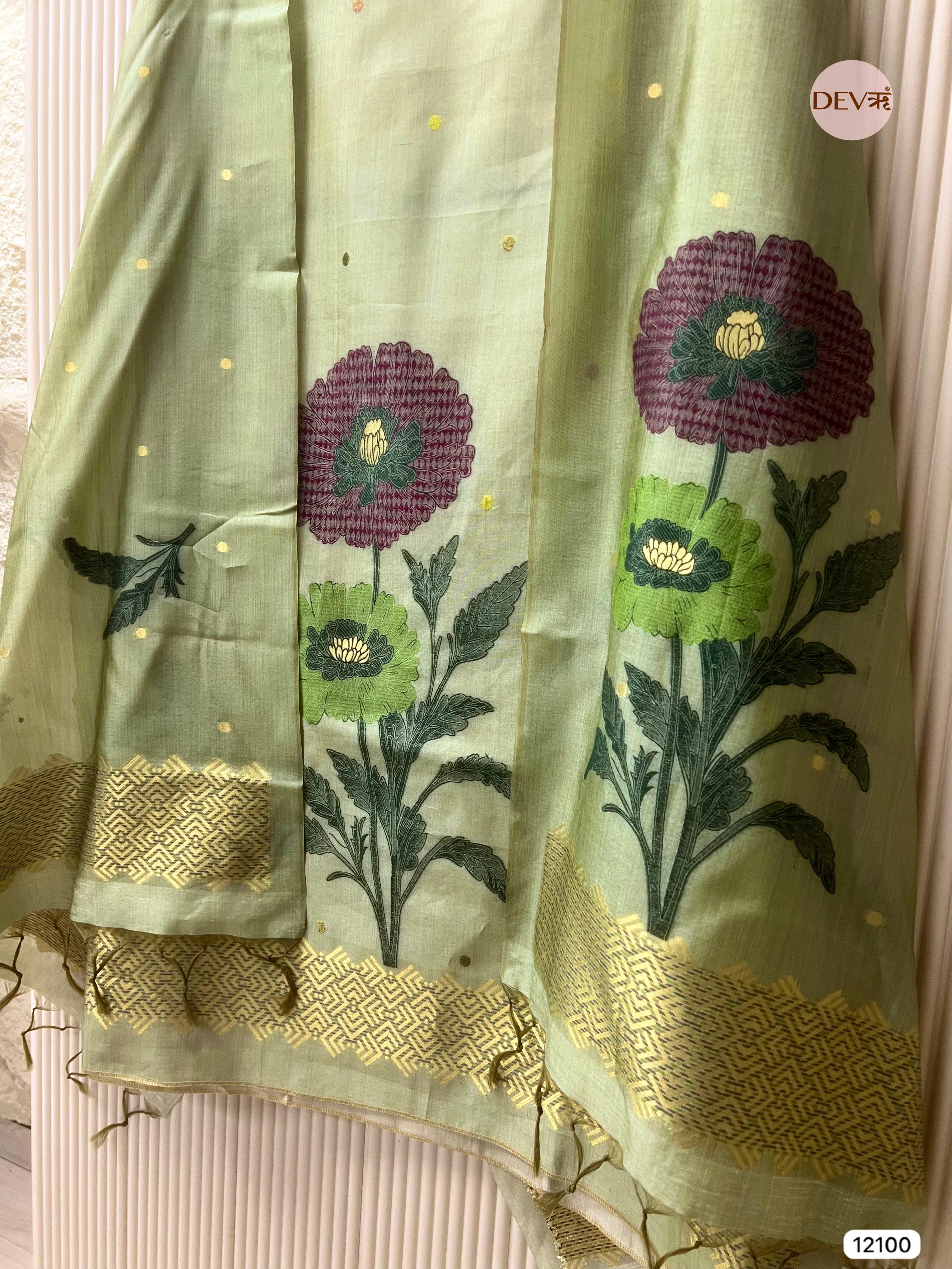 Green Banarasi Khadi Silk Unstitched -Set Of 3 - {12100}