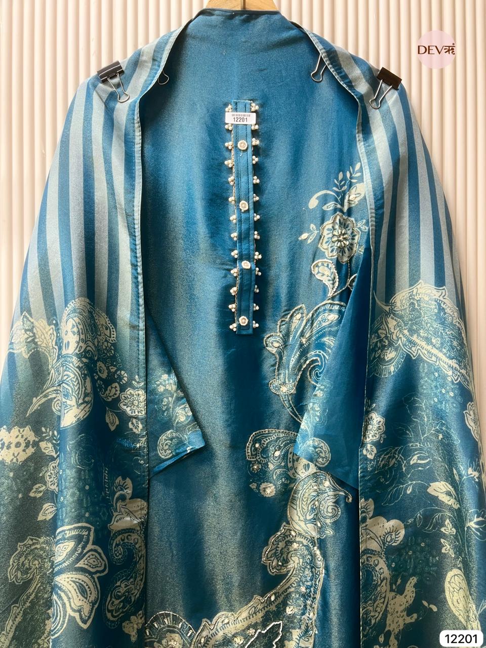 Blue Tissue Silk Unstitched Printed Hand Embroidered -Set Of 3 - {12201}