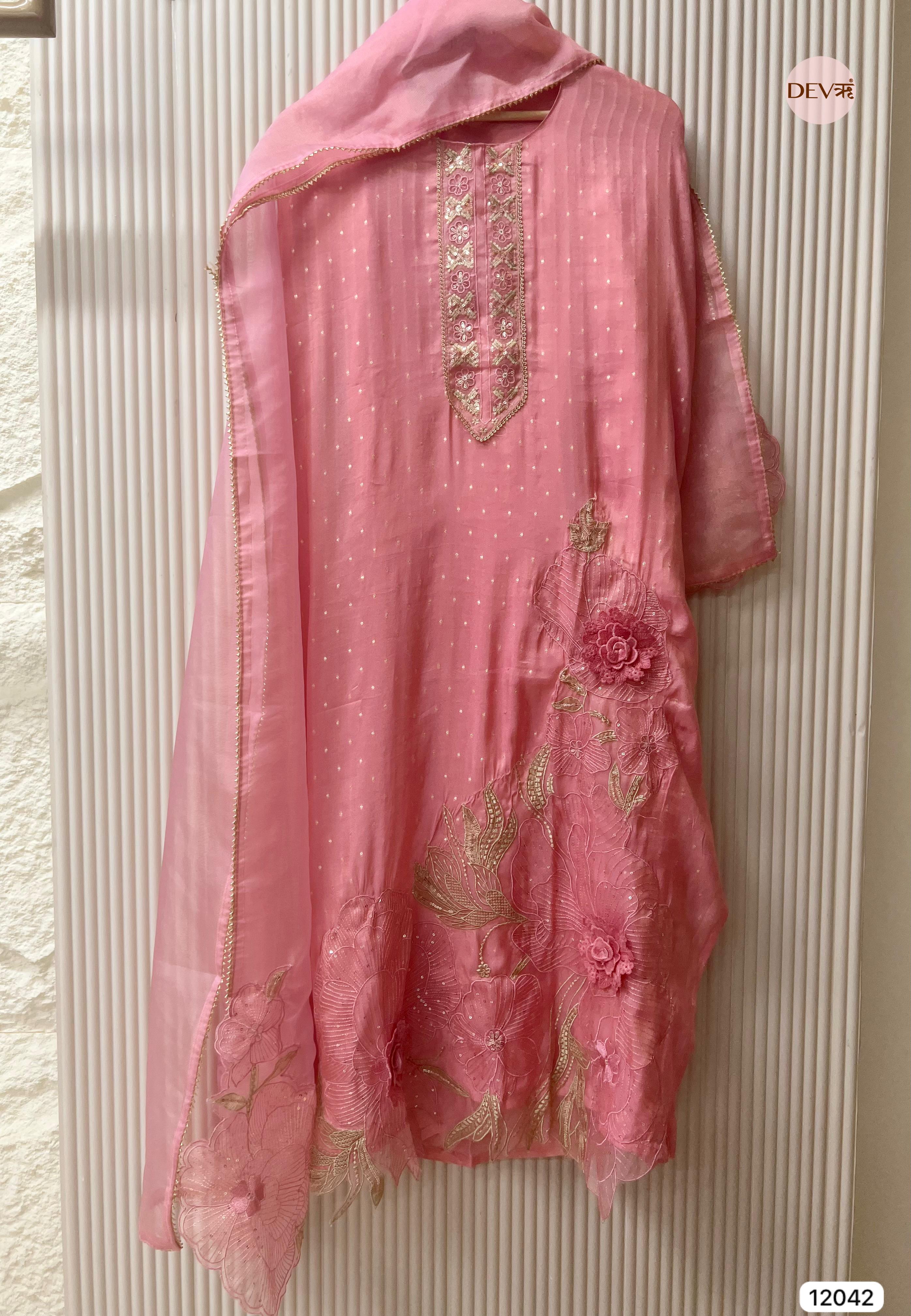 Pink Tissue Shimmer Silk Unstitched Embroidered -Set Of 3- {12042}