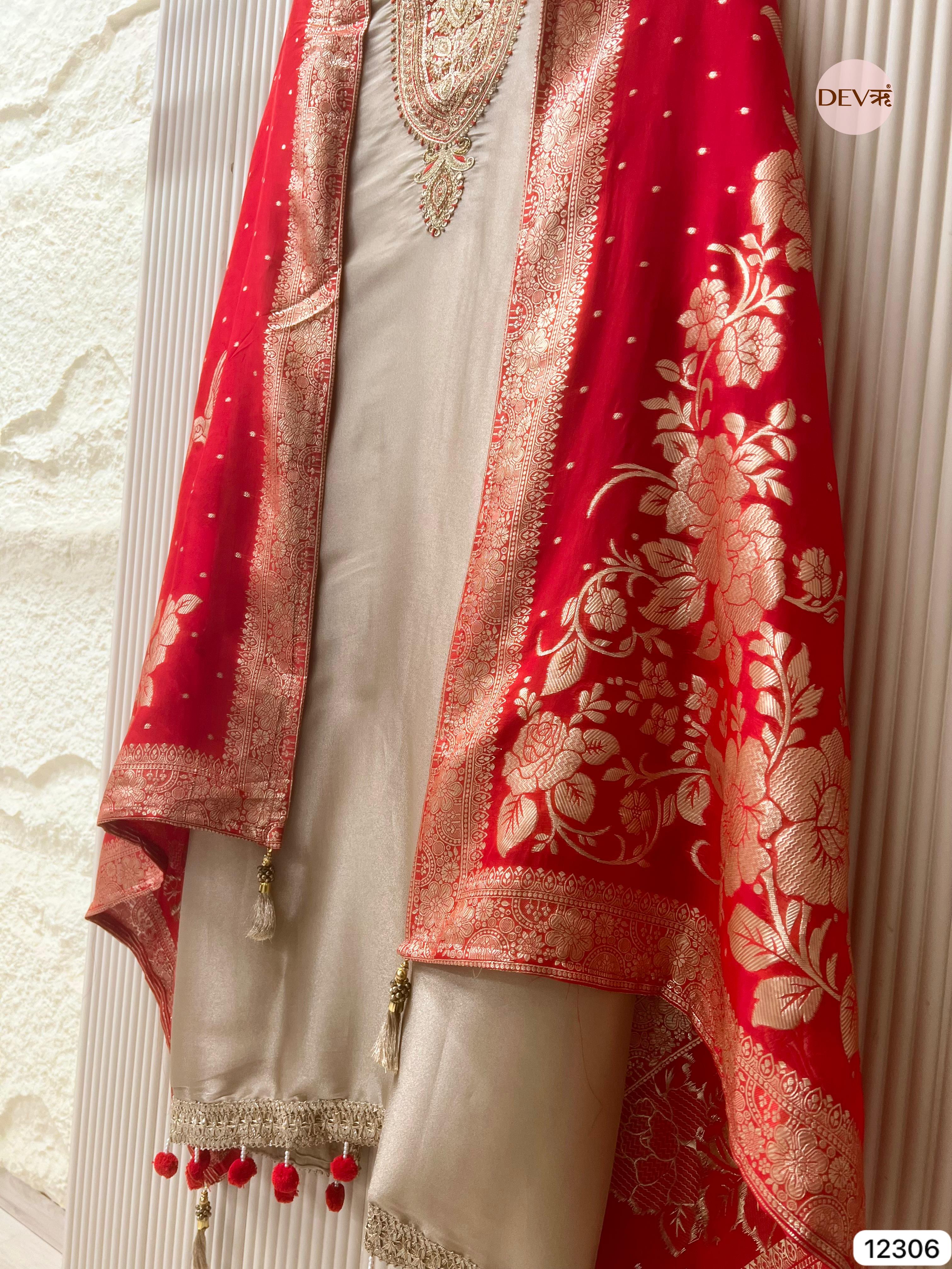 Beige Tissue Shimmer Silk Embroidered Unstitched 3-Piece Suit (Devri – D.No 12306)