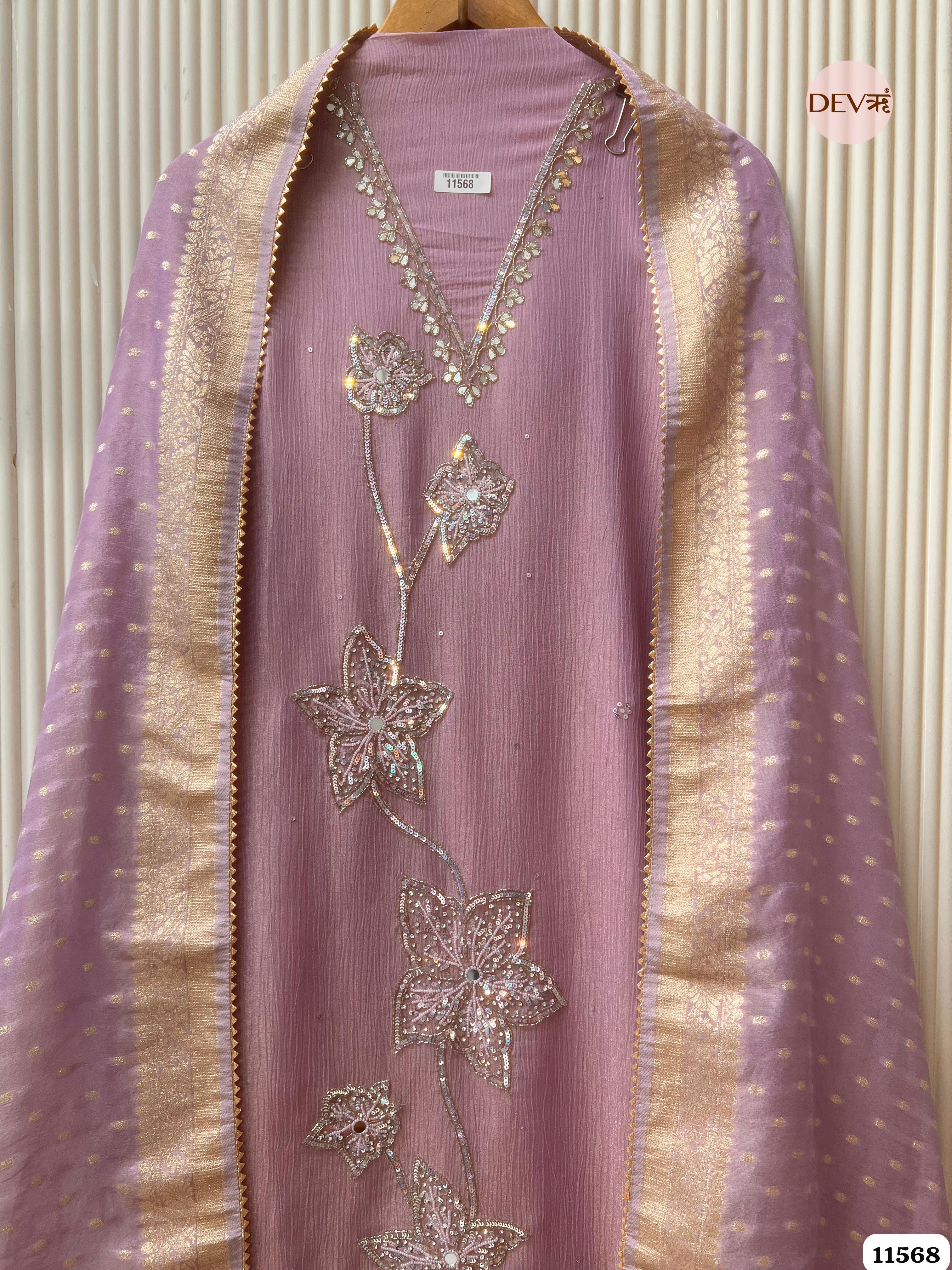 Purple Pure Chino Unstitched Hand Embroidered -Set Of 3 {11568}