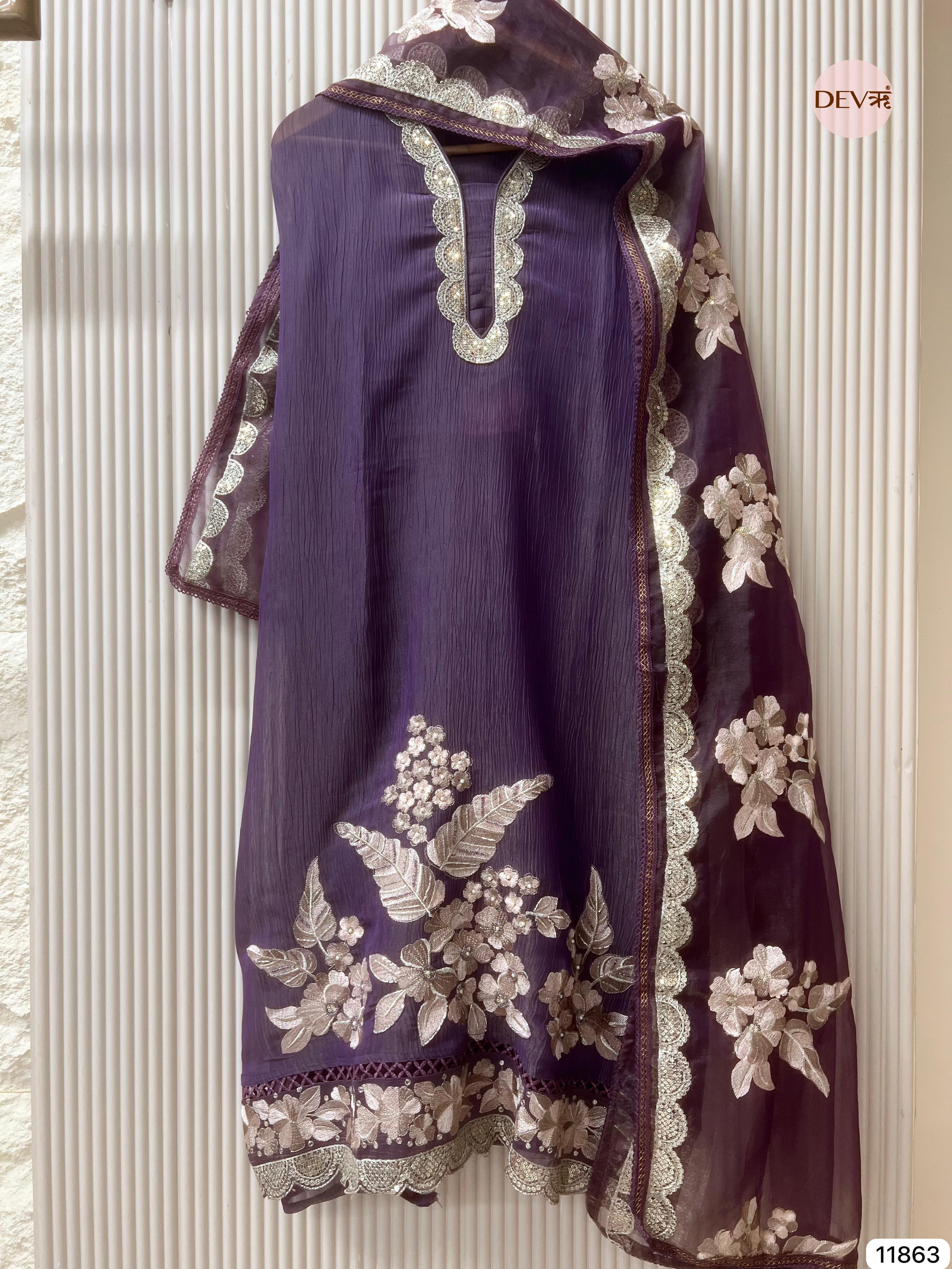 Purple Tissue crush silk unstitched embroidered -Set Of 3- {11863}