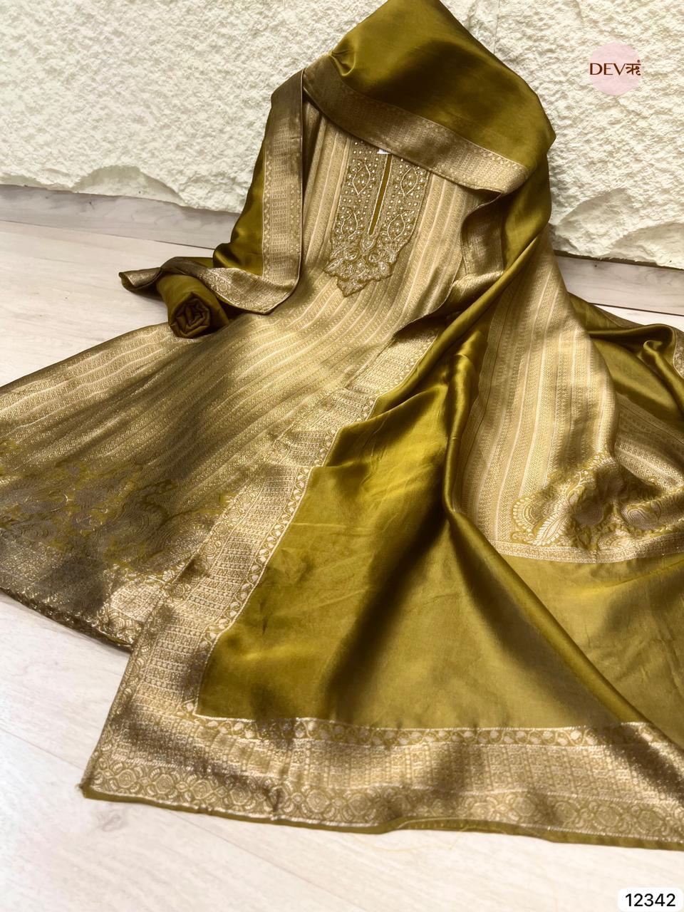Olive Gold Pure Banarasi Silk Woven Unstitched 3-Piece Suit (Devri – D.No 12342)
