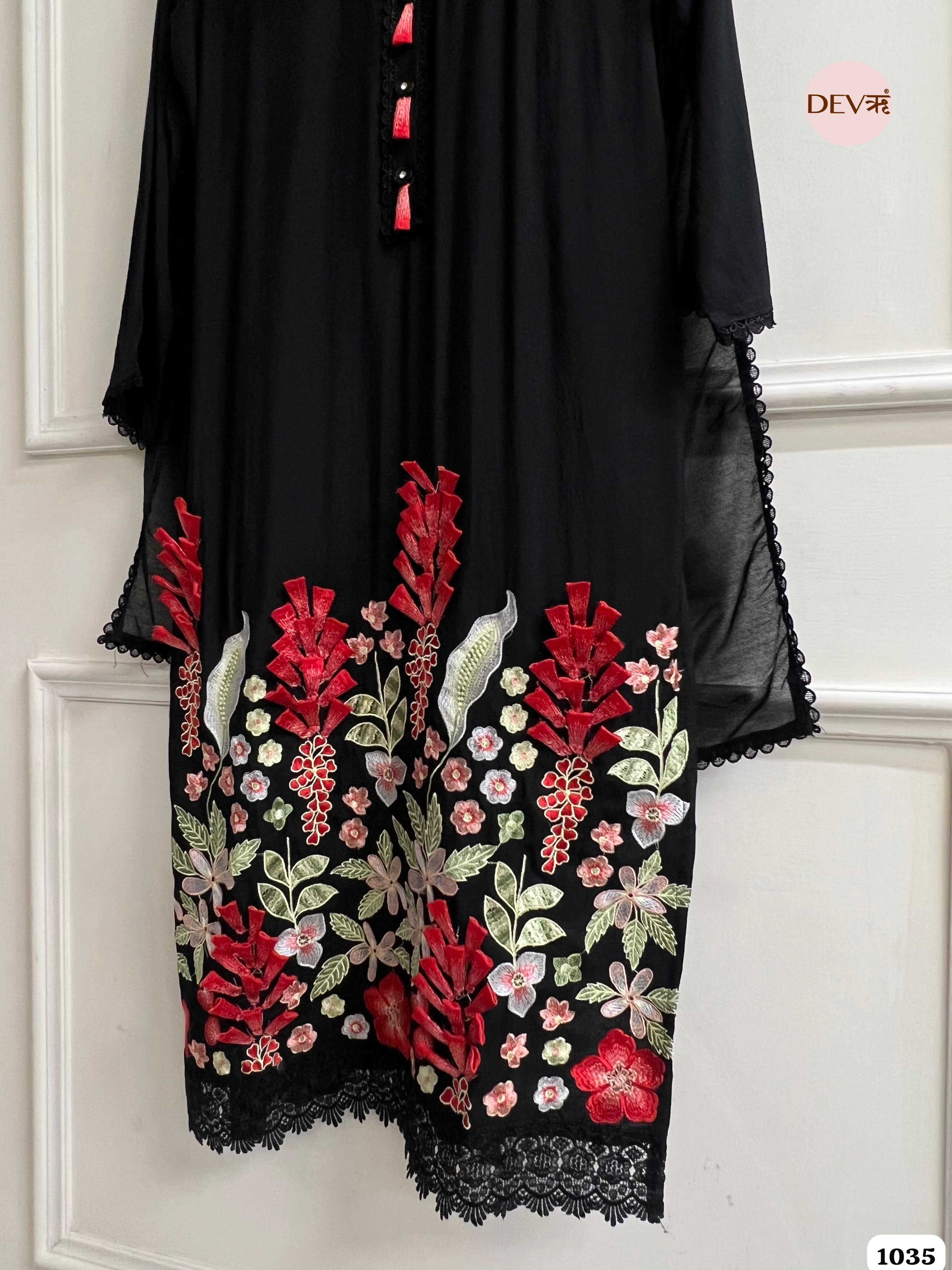 Black Muslin Stiched Embroidered -Set Of 3 {1035}