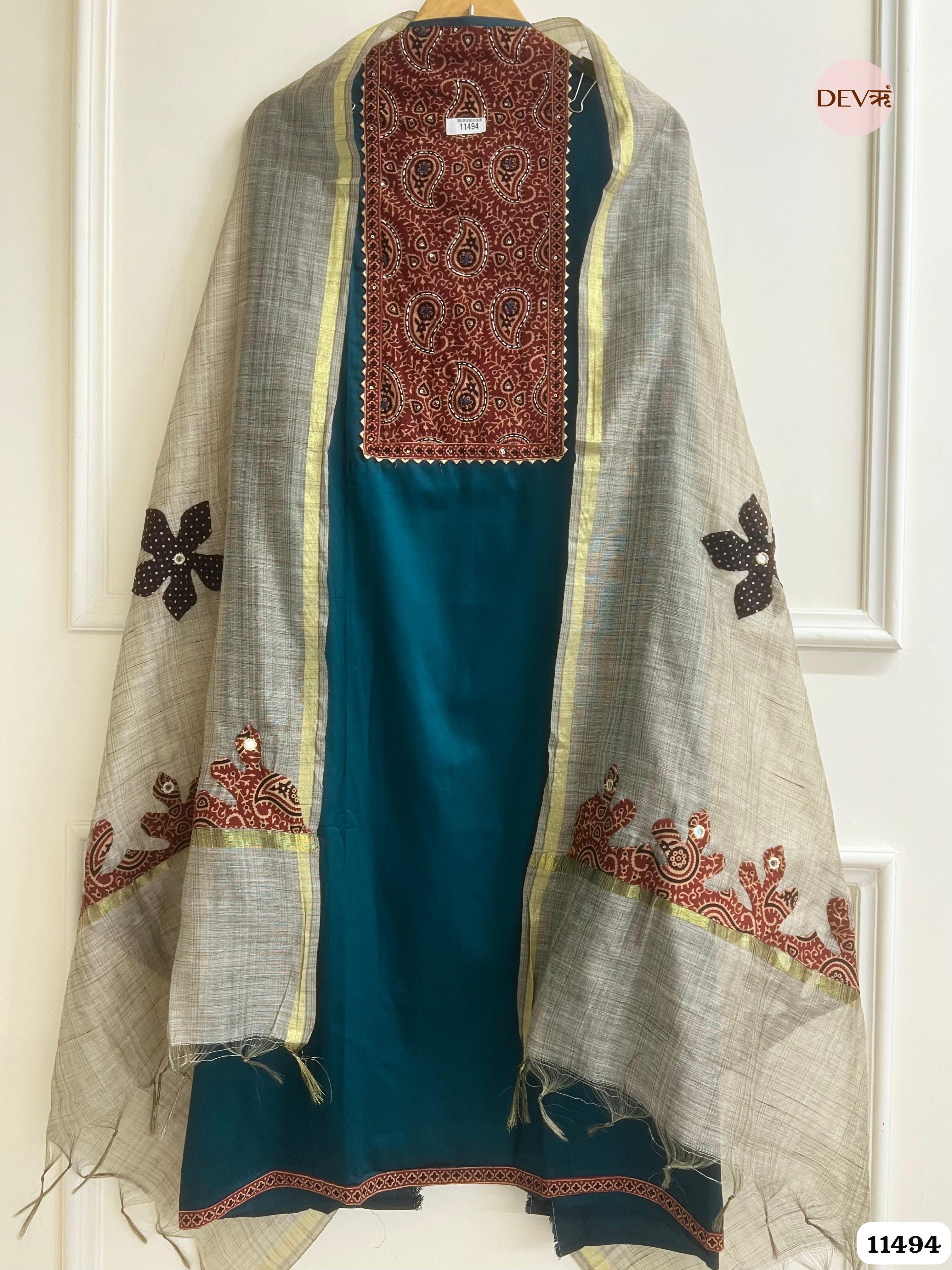 Deep Blue Cotton Jaam Unstitched Printed Hand Embroidered -Set Of 3 {11494}
