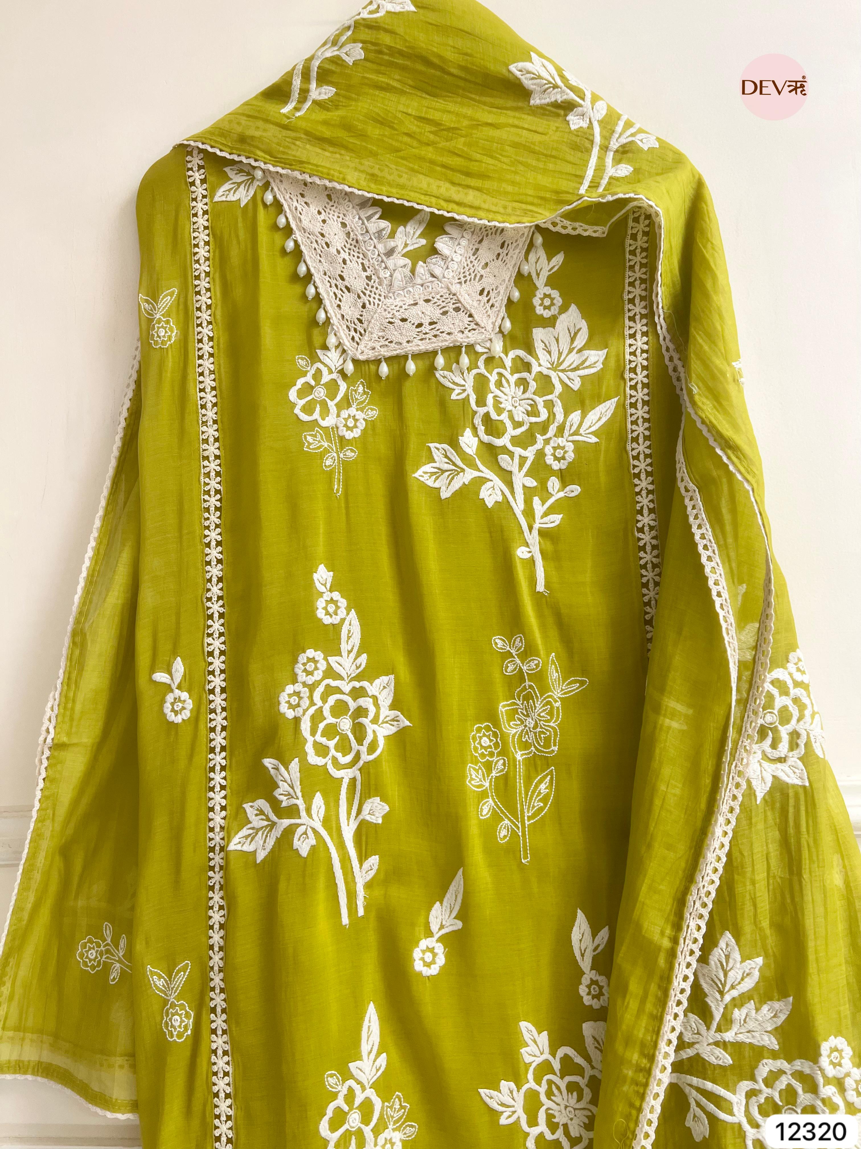 Olive Green Mul Chanderi Embroidered Unstitched 3-Piece Suit (Devri – D.No 12320)