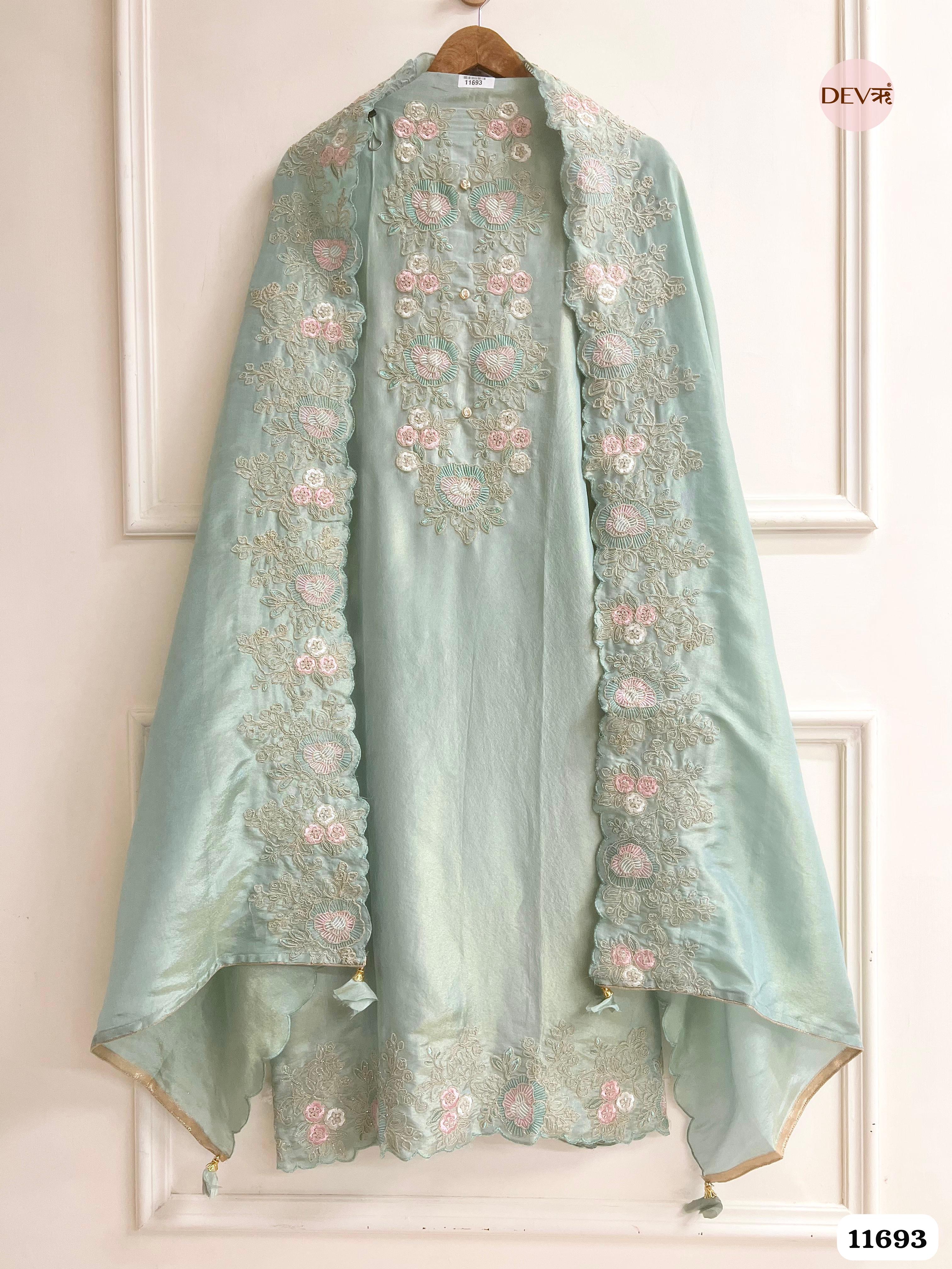 Mint Green Tissue Silk Unstitched Embroidered -Set Of 3 {11693}