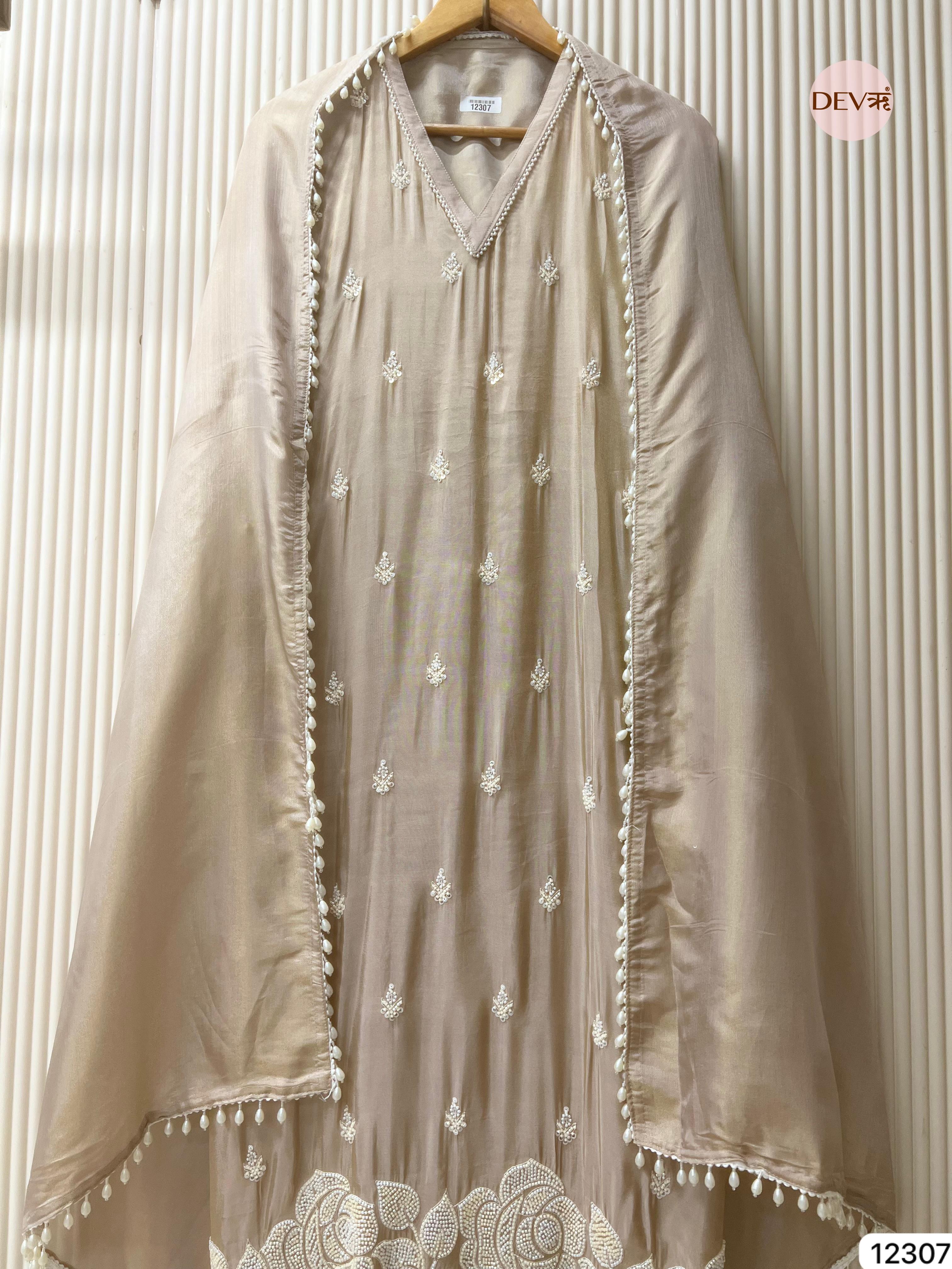 Ivory Beige Shimmer Silk Embroidered Unstitched 3-Piece Suit (Devri – D.No 12307)
