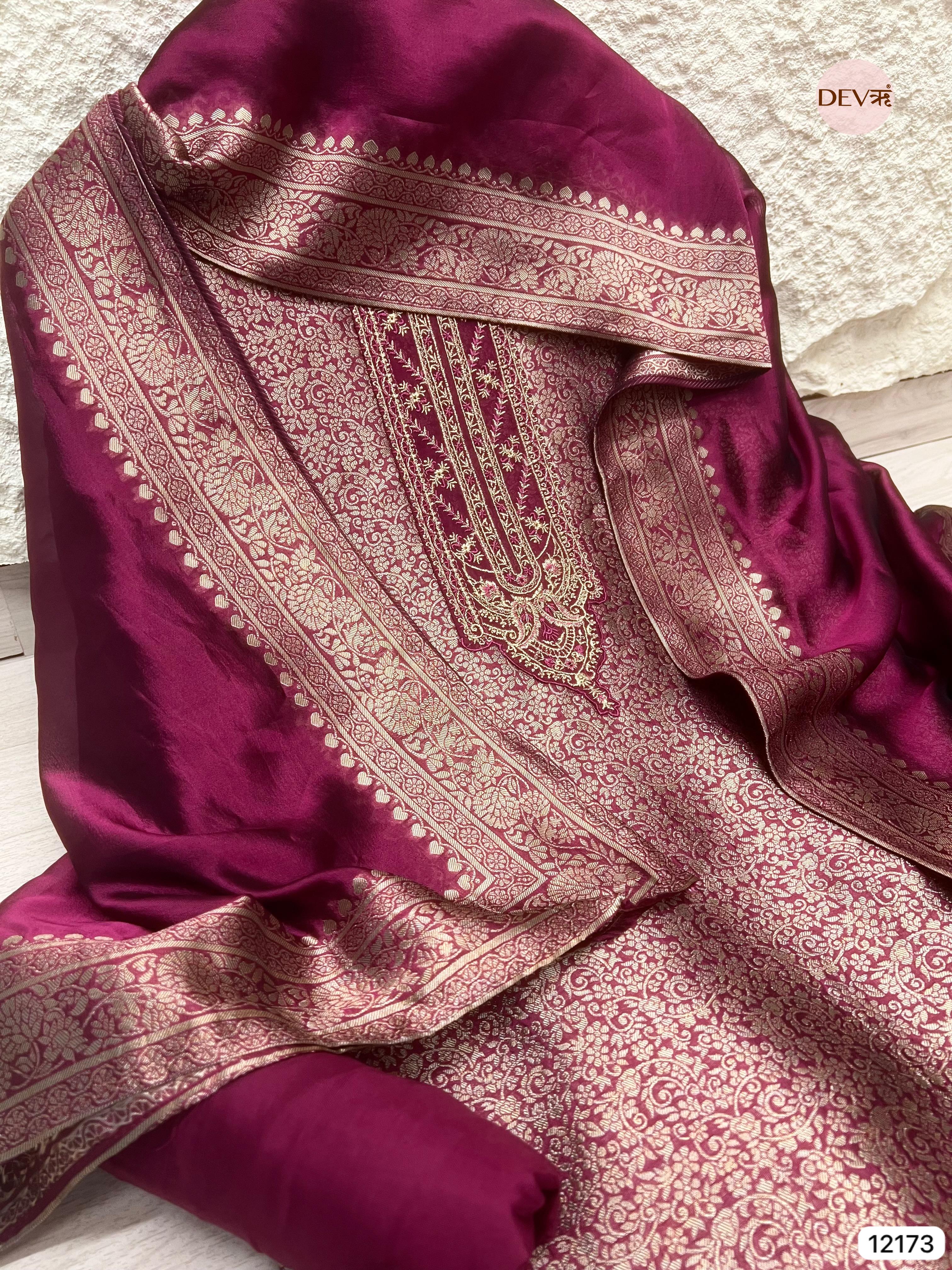 Dark Magenta Pure Banarasi silk Unstitched Hand Embroidered -Set Of 3 - {12173}