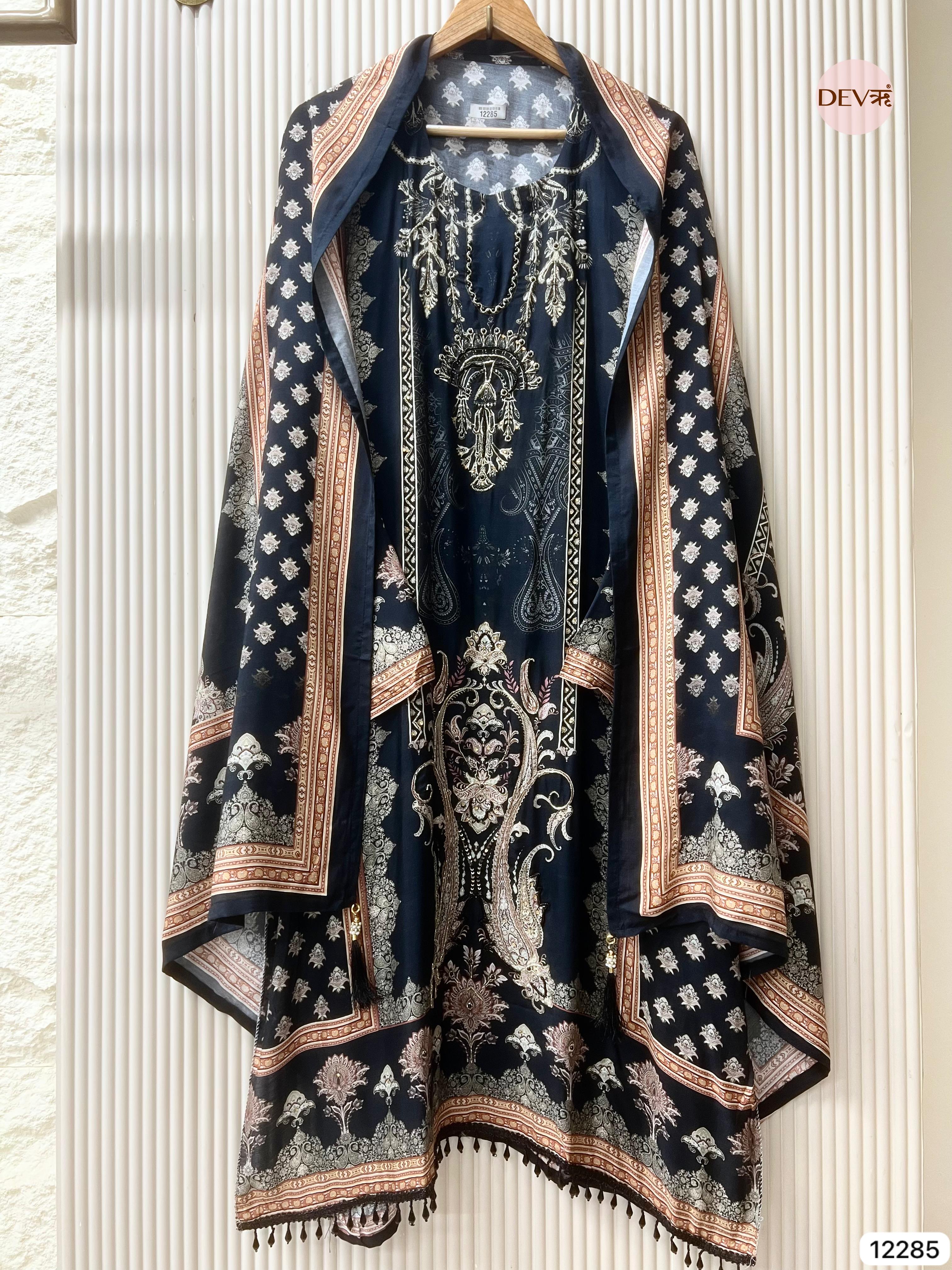 Navy Blue Muslin Printed Unstitched 3-Piece Suit (Devri – D.No 12285)