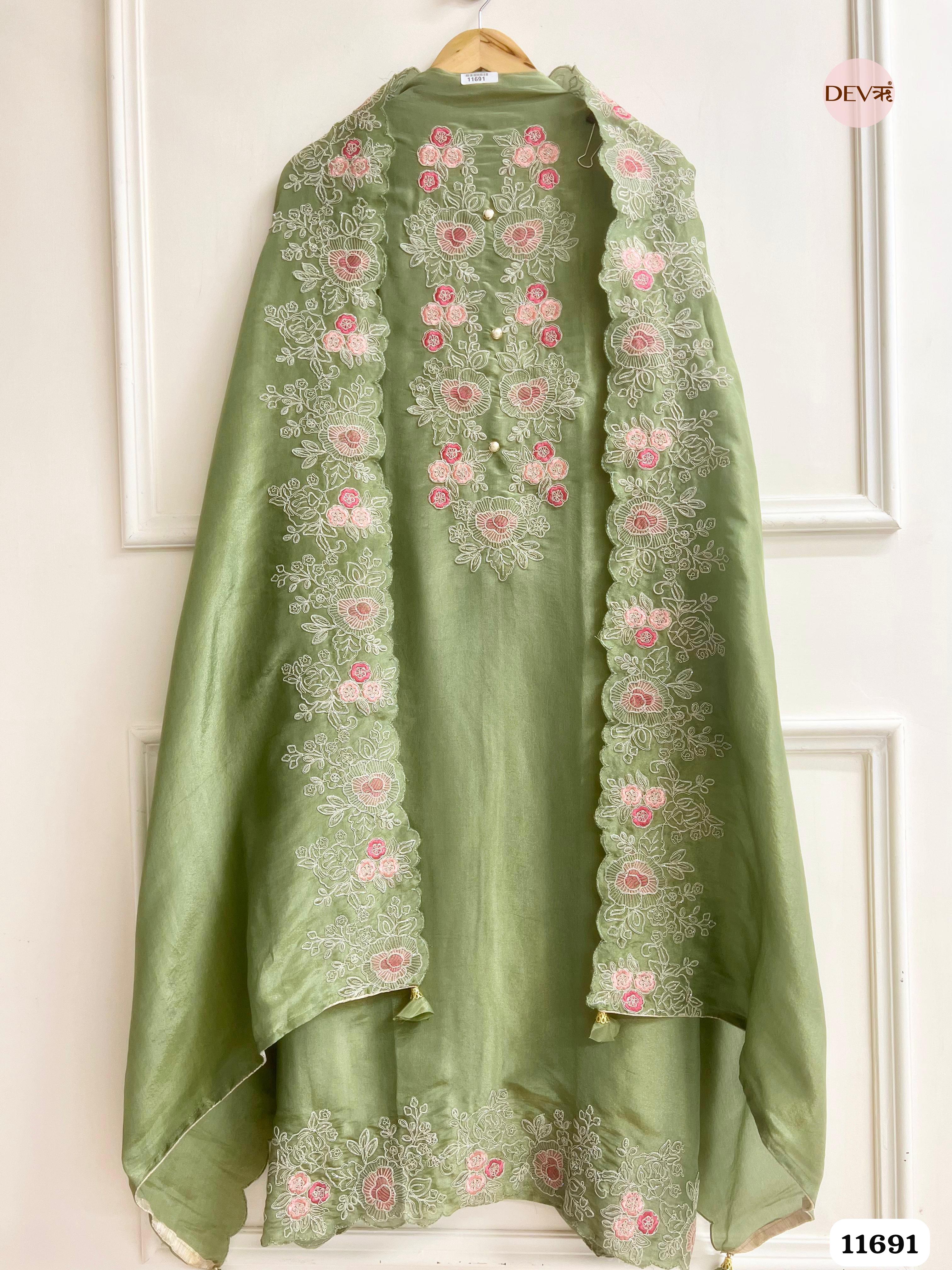 Green Tissue Silk Unstitched Embroidered -Set Of 3 {11691}