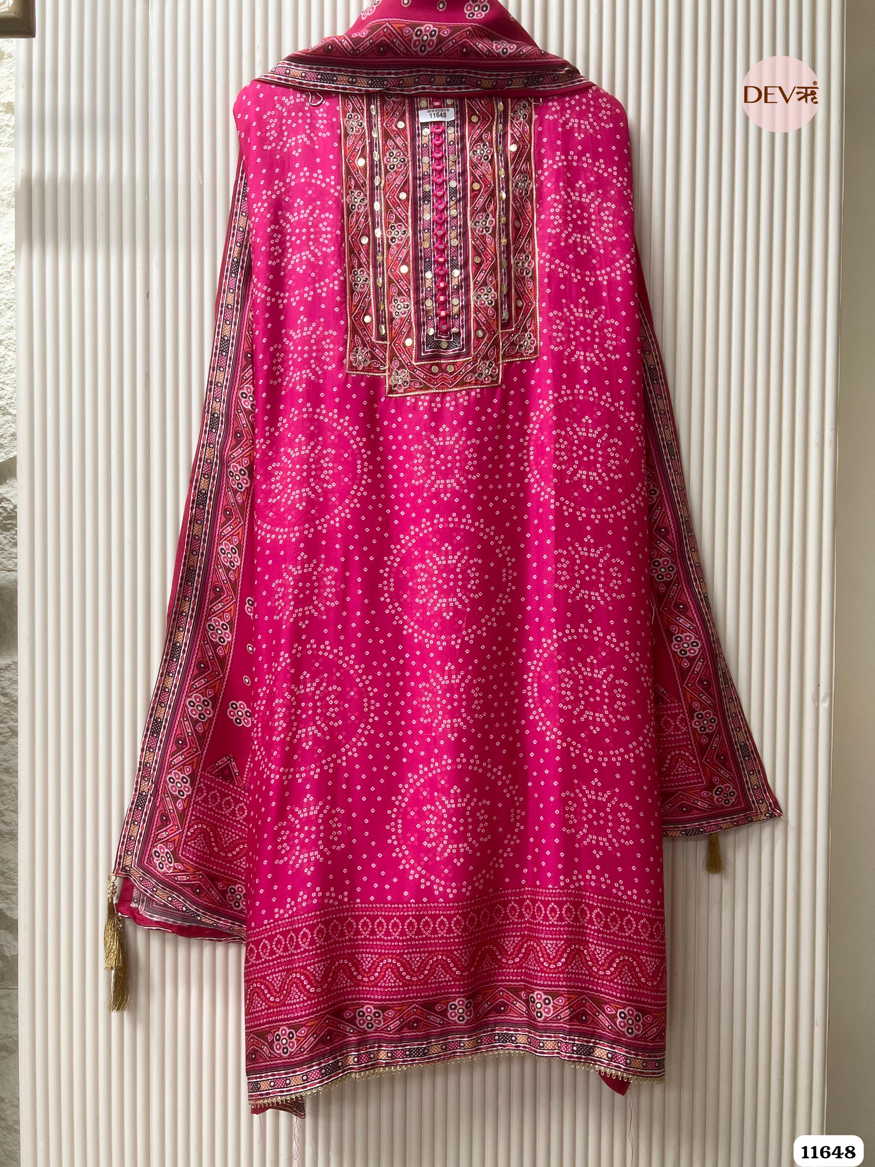 Pink Russian Silk Printed Unstitched Hand Embroidered -Set Of 3 {11648}