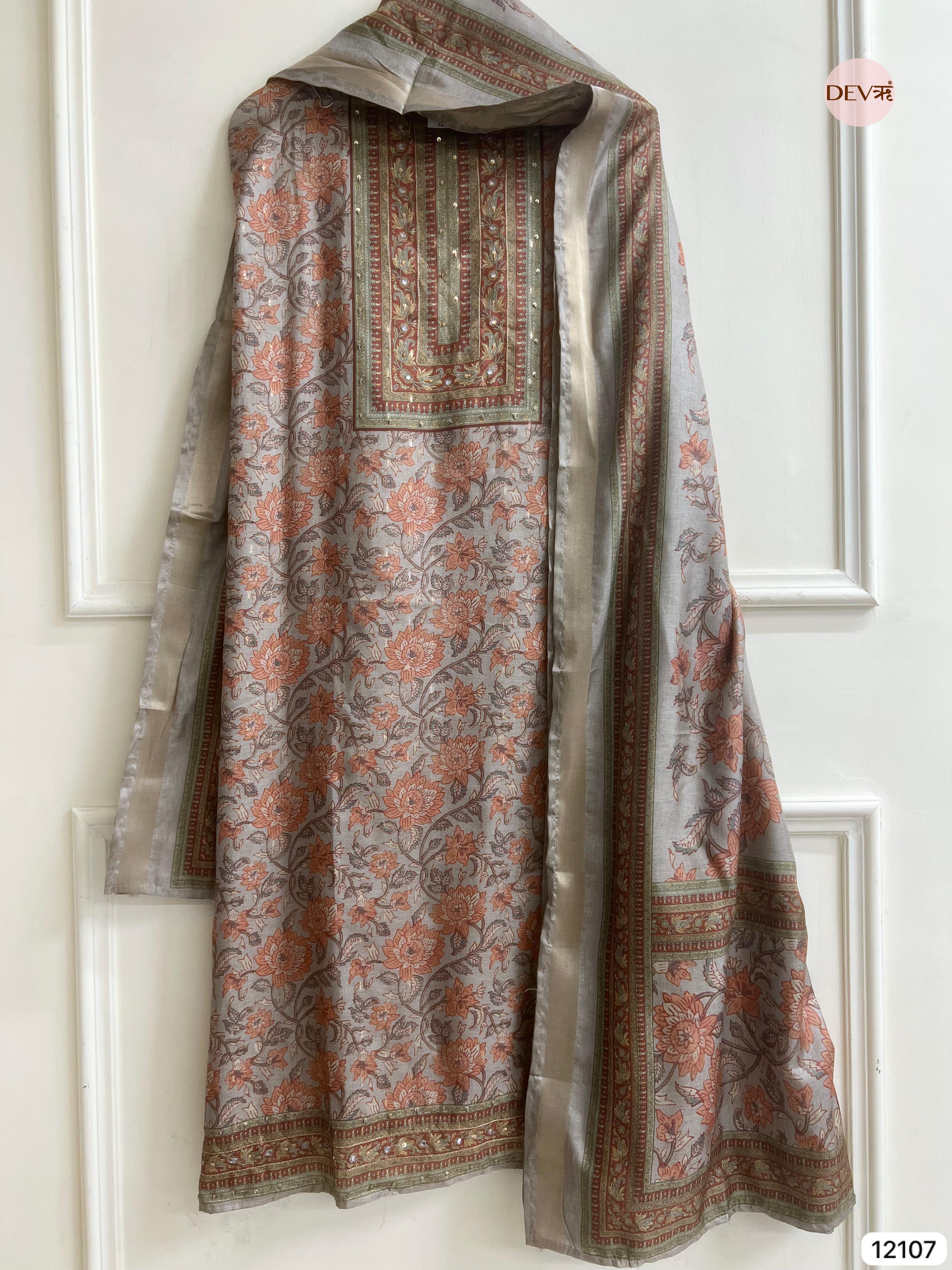 Grey Tusser Khadi Silk Printed Unstitched Hand Embroidered -Set Of 3 - {12107}