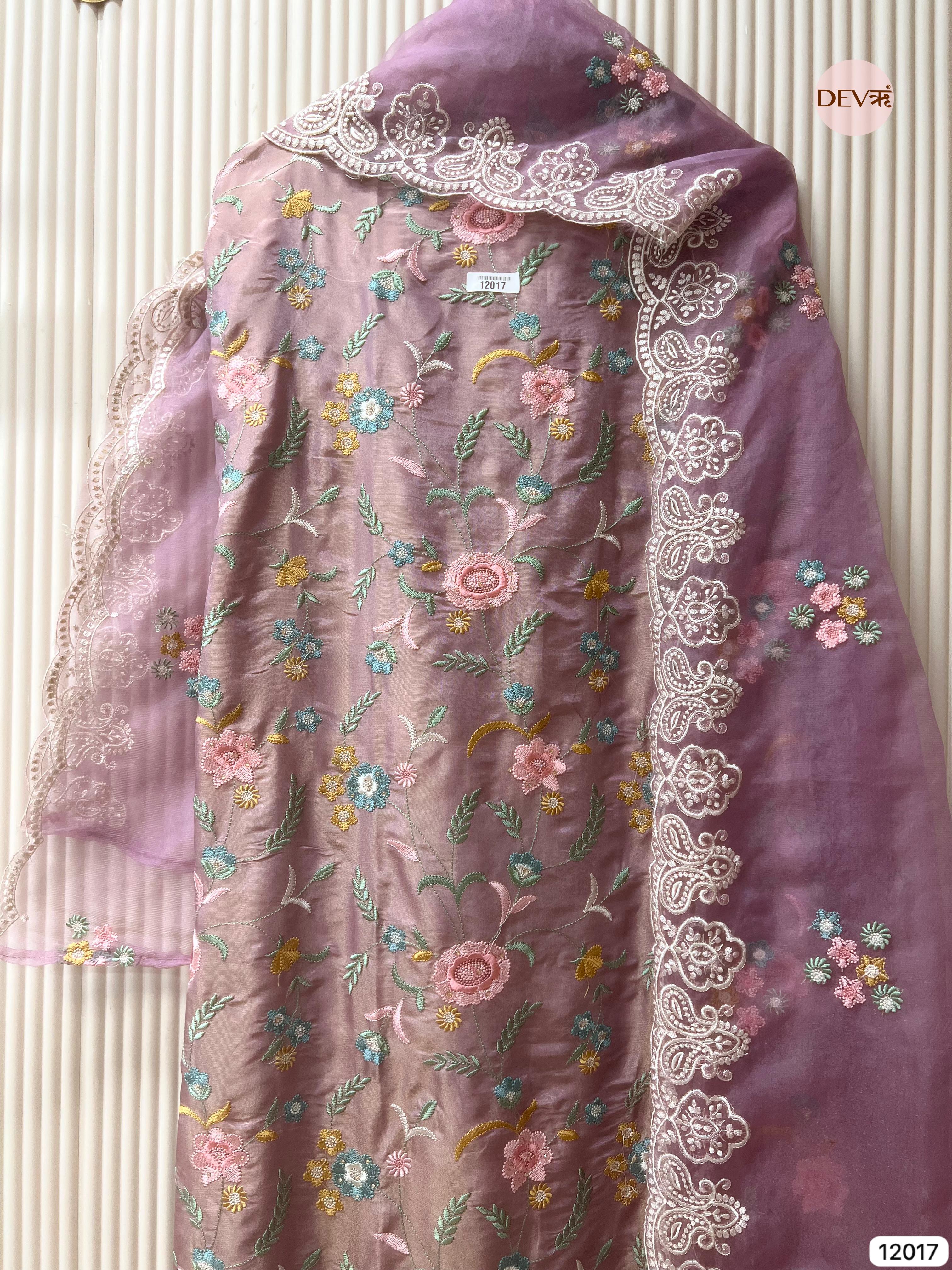 Light Purple Shimmer Tissue Silk Unstitched Embroidered -Set Of 3 - {12017}
