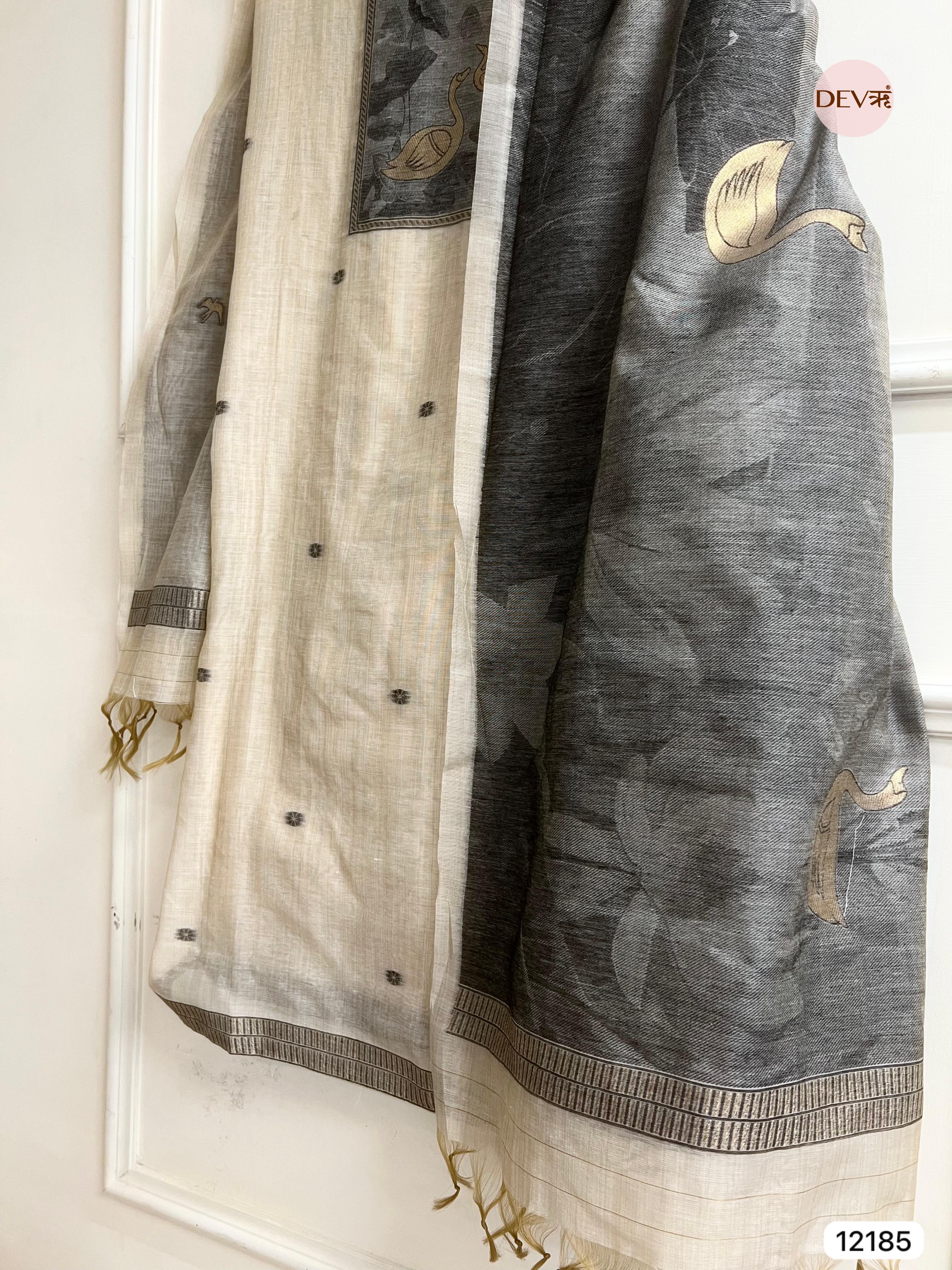 Beige Pure Jamdhani Silk Unstitched Banarasi Woven -Set Of 3 - {12185}