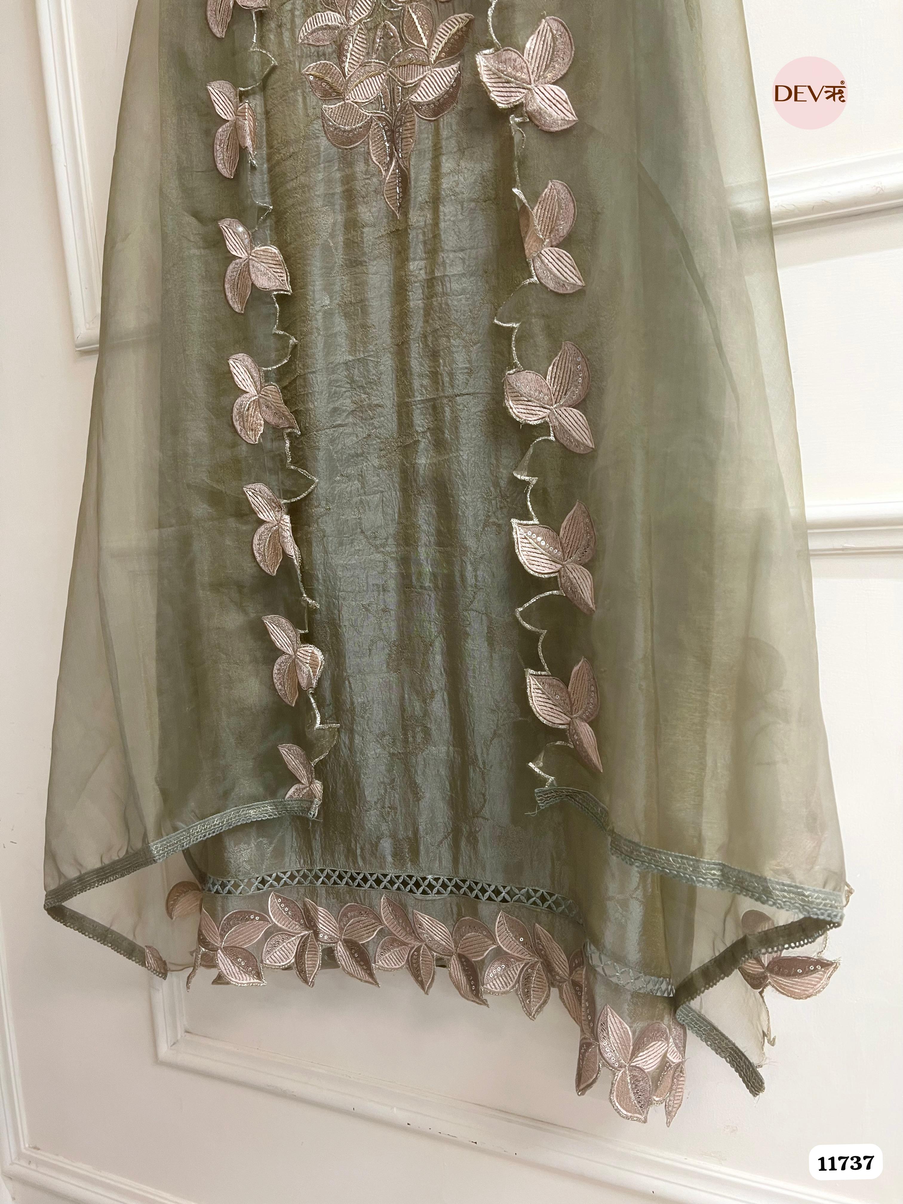 Green Tissue Silk Woven Unstitched Embroidered -Set Of 3 {11737}