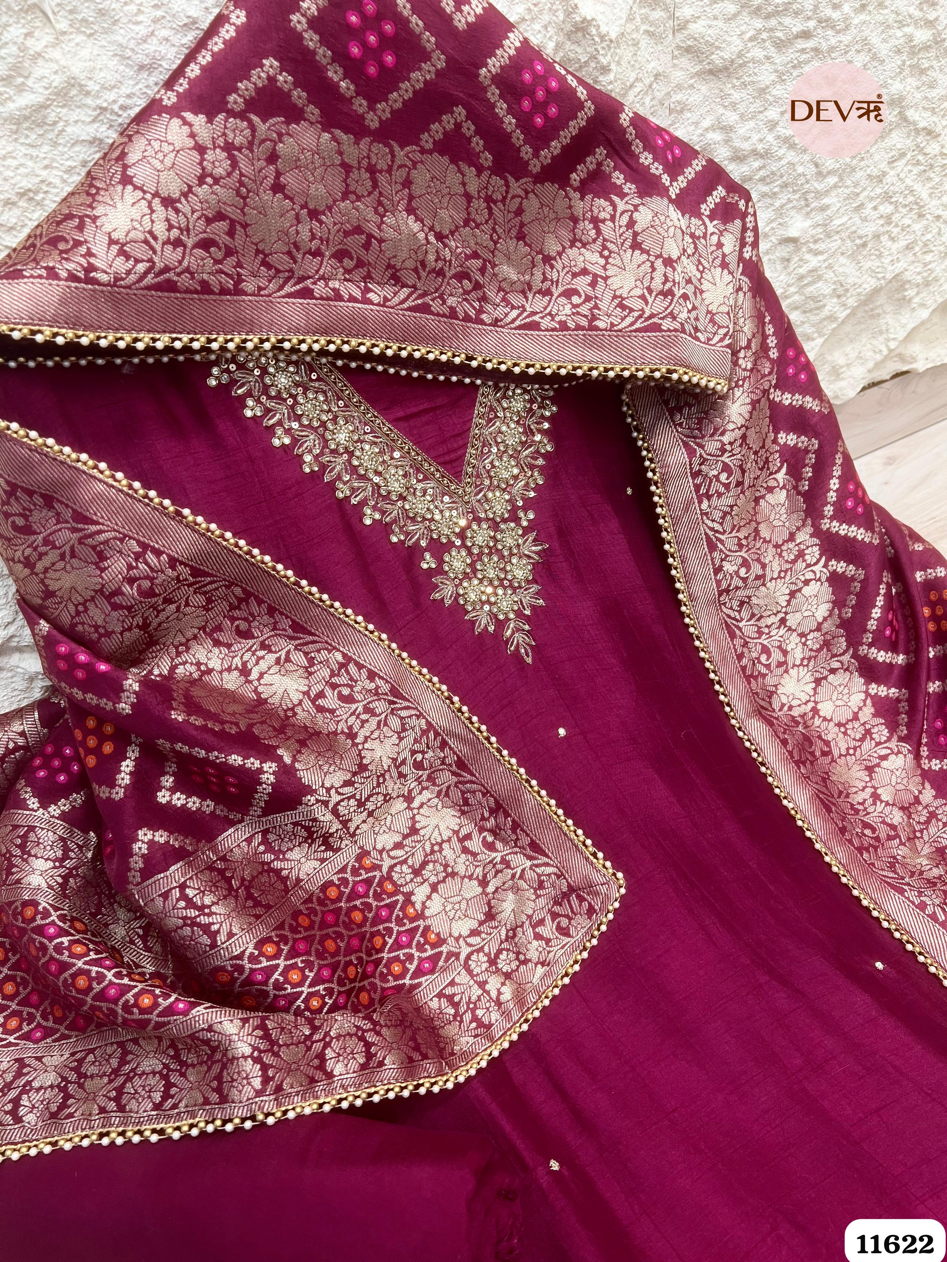 Magenta Pink Pure Russian Silk Unstitched Hand Embroidered -Set Of 3 {11622}