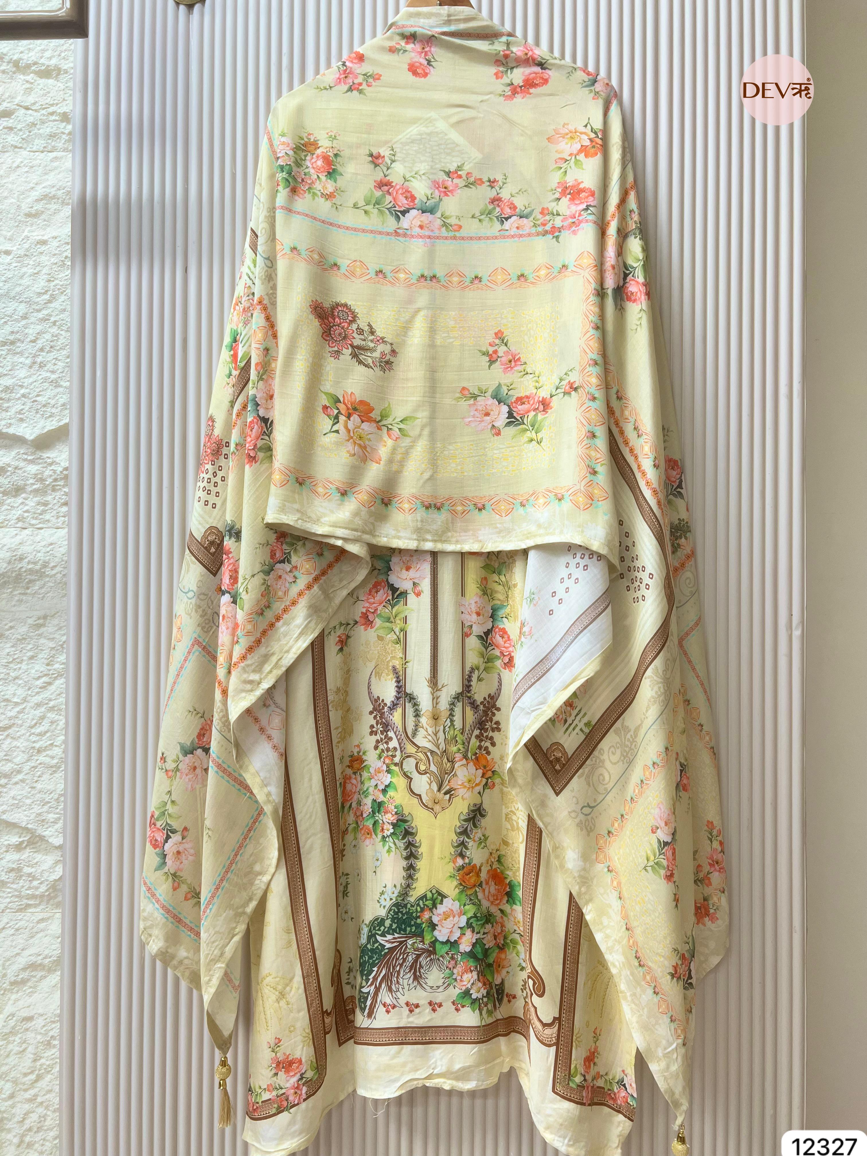 Soft Cream Muslin Printed Unstitched 3-Piece Suit (Devri – D.No 12327)