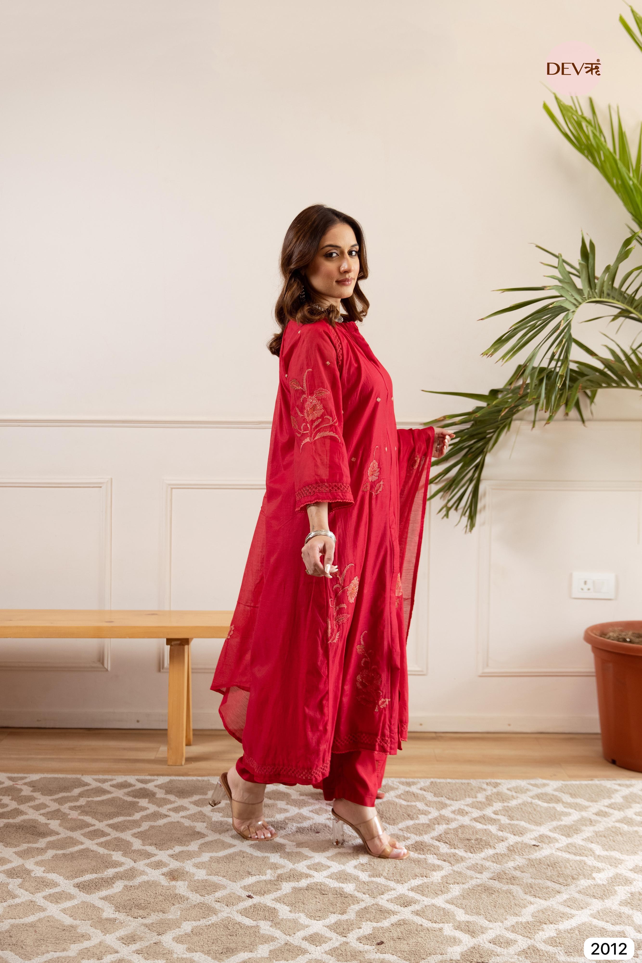 Red Crafted Airy Mul Chanderi -Set Of 3- {2012}