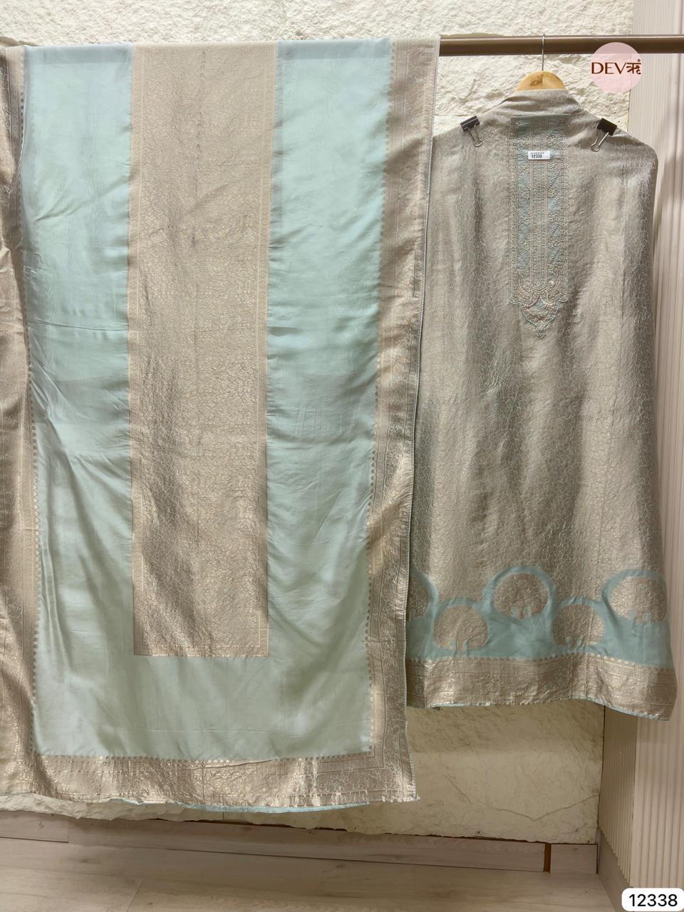 Powder Blue Pure Banarasi Silk Embroidered Unstitched 3-Piece Suit (Devri – D.No 12338)