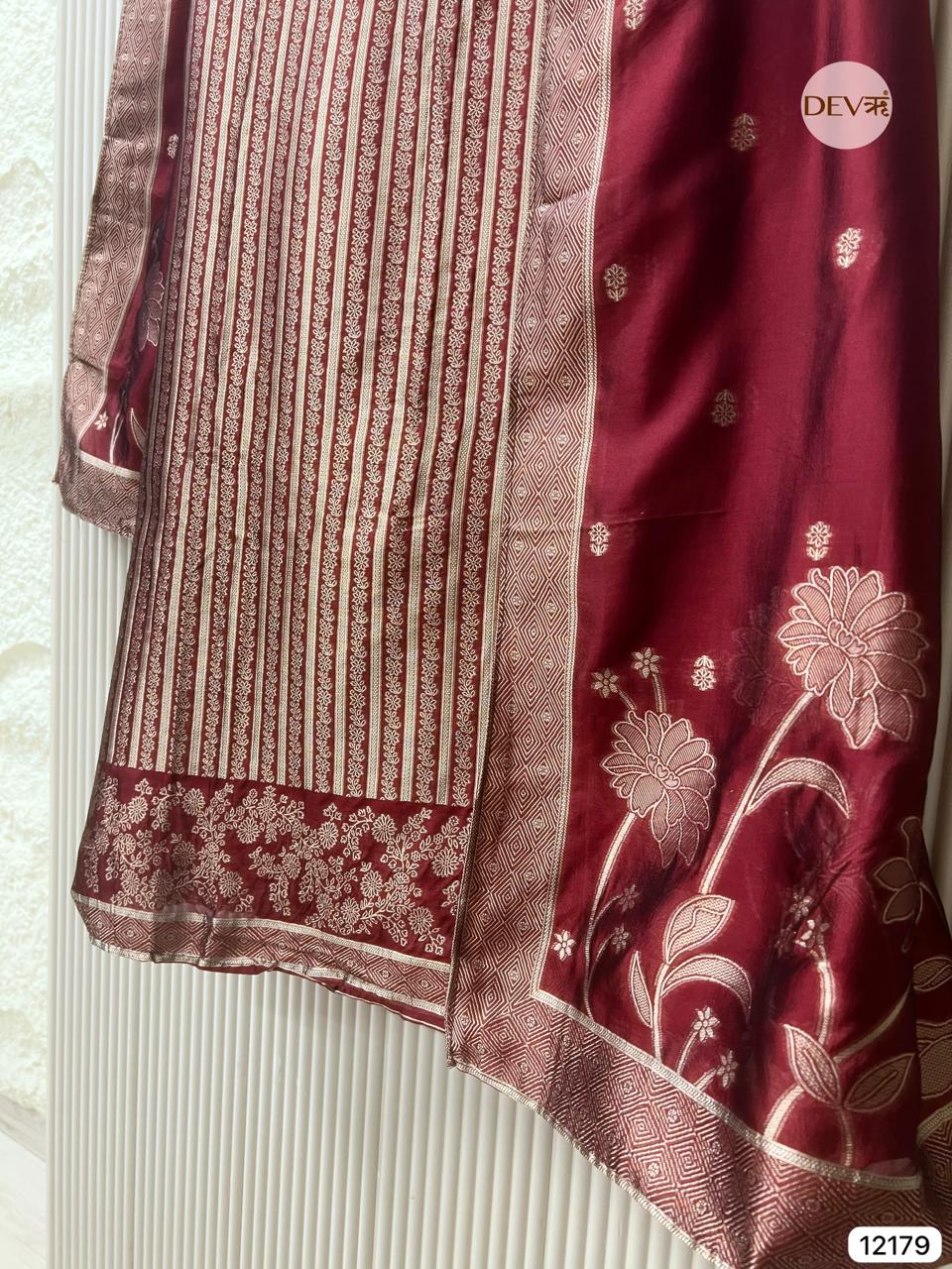 Maroon Pure Banarasi silk Unstitched Hand Embroidered -Set Of 3 - {12179}