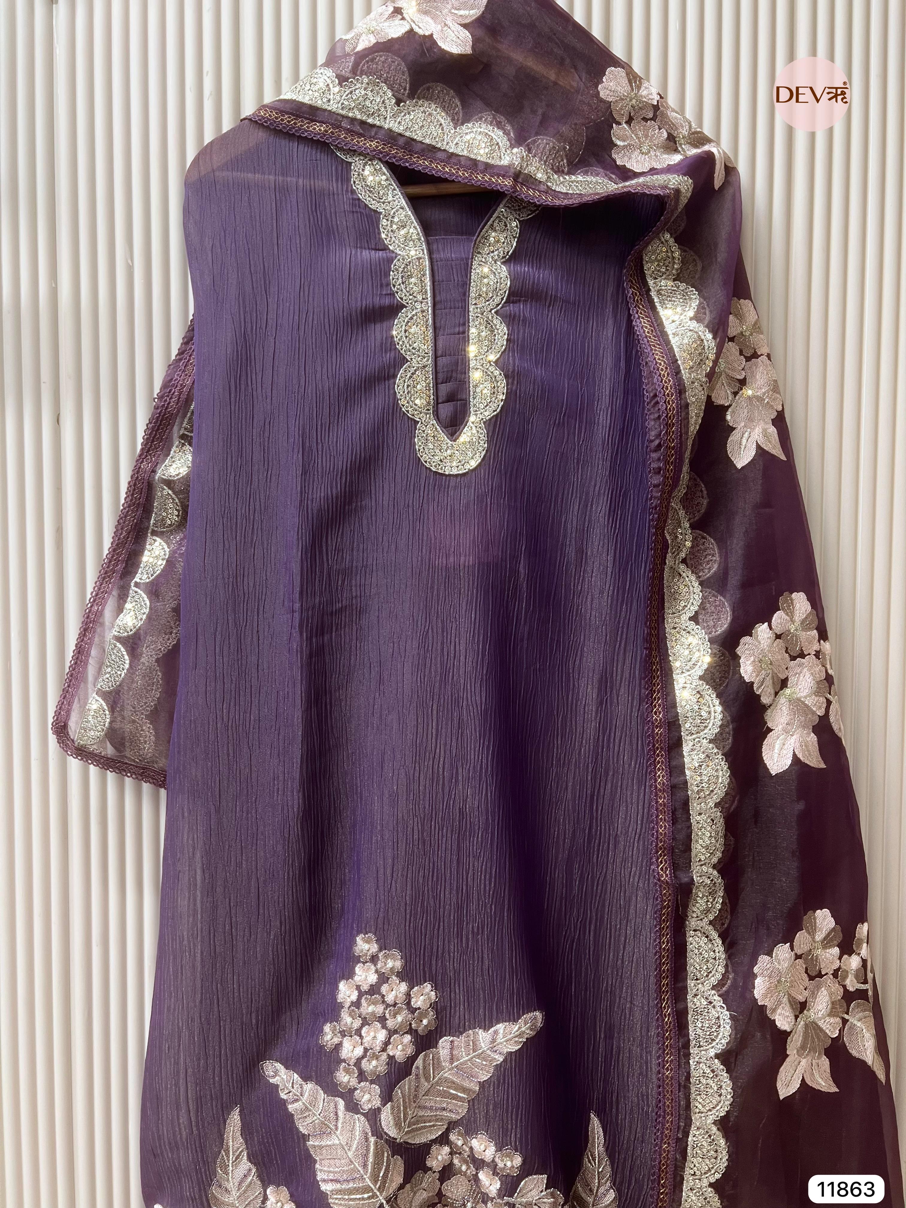 Purple Tissue crush silk unstitched embroidered -Set Of 3- {11863}