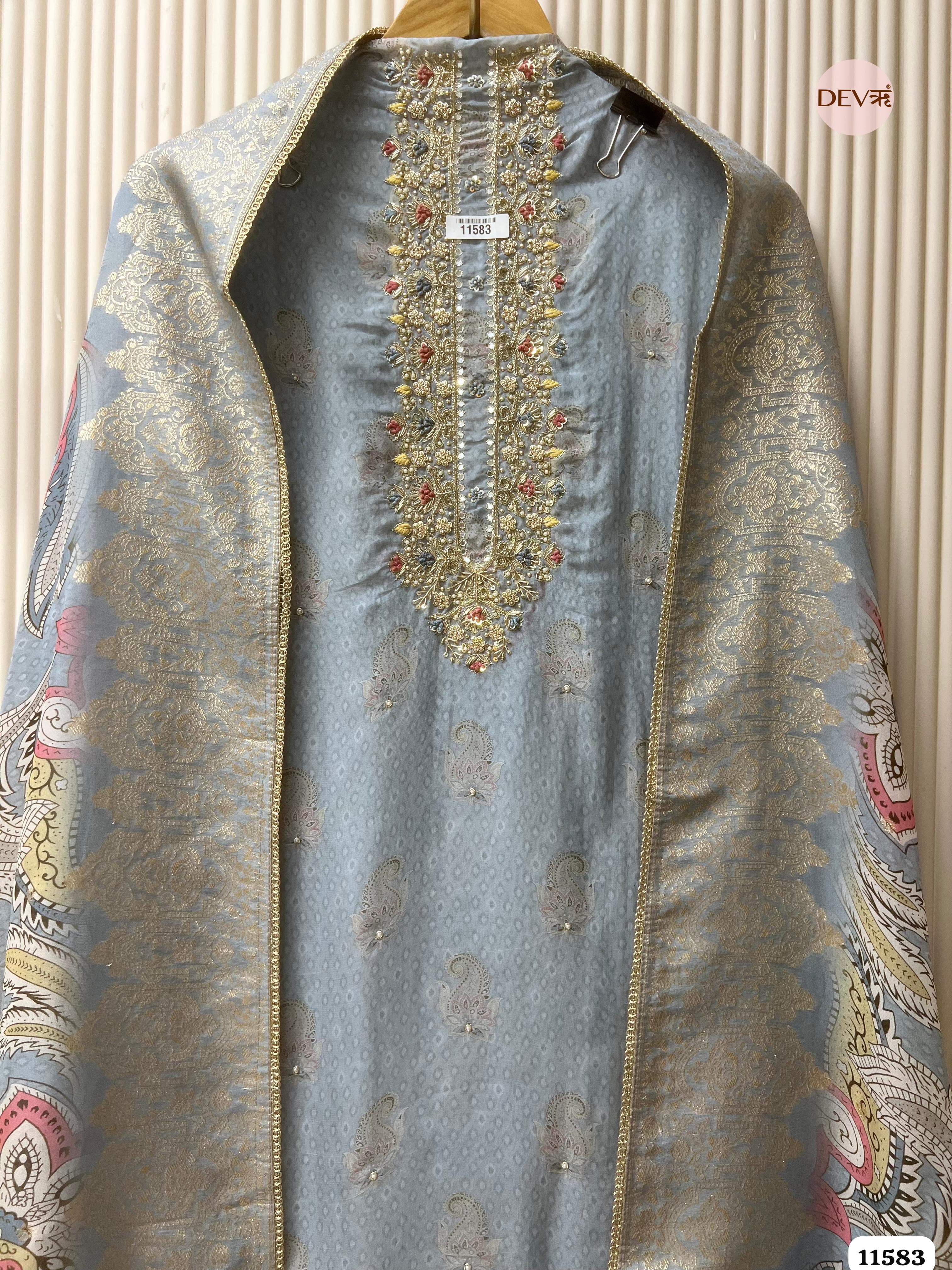 Light Grey Pure Silk Unstitched Printed Hand Embroidered -Set Of 3 {11583}