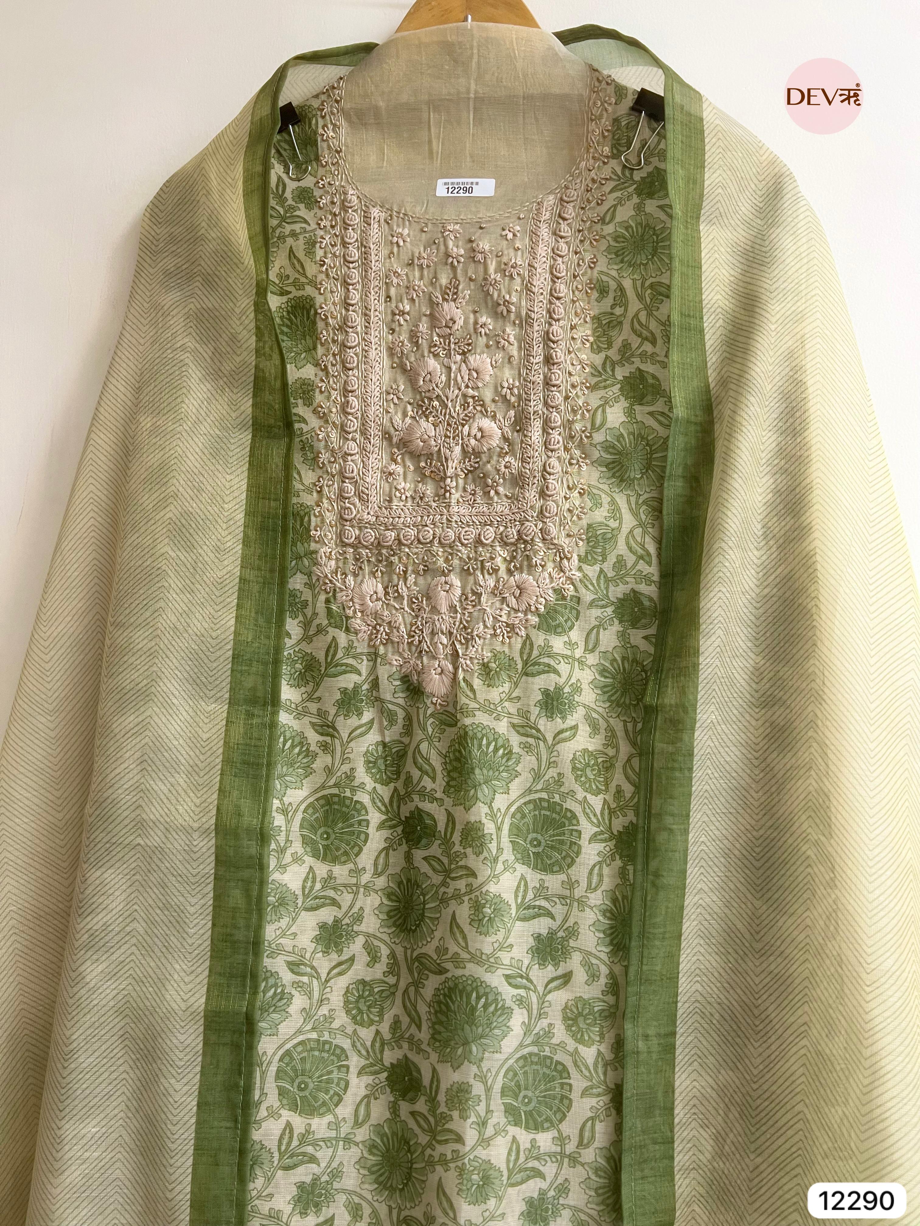 Ivory Green Tissue Silk Embroidered Unstitched 3-Piece Suit (Devri – D.No 12290)