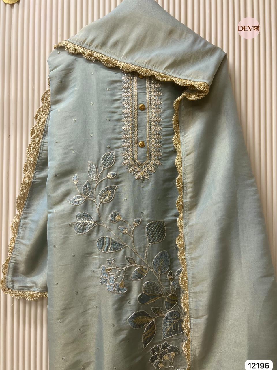 Ice Blue Shimmer Silk Embroidered Unstitched 3-Piece Suit (Devri – D.No 12196)