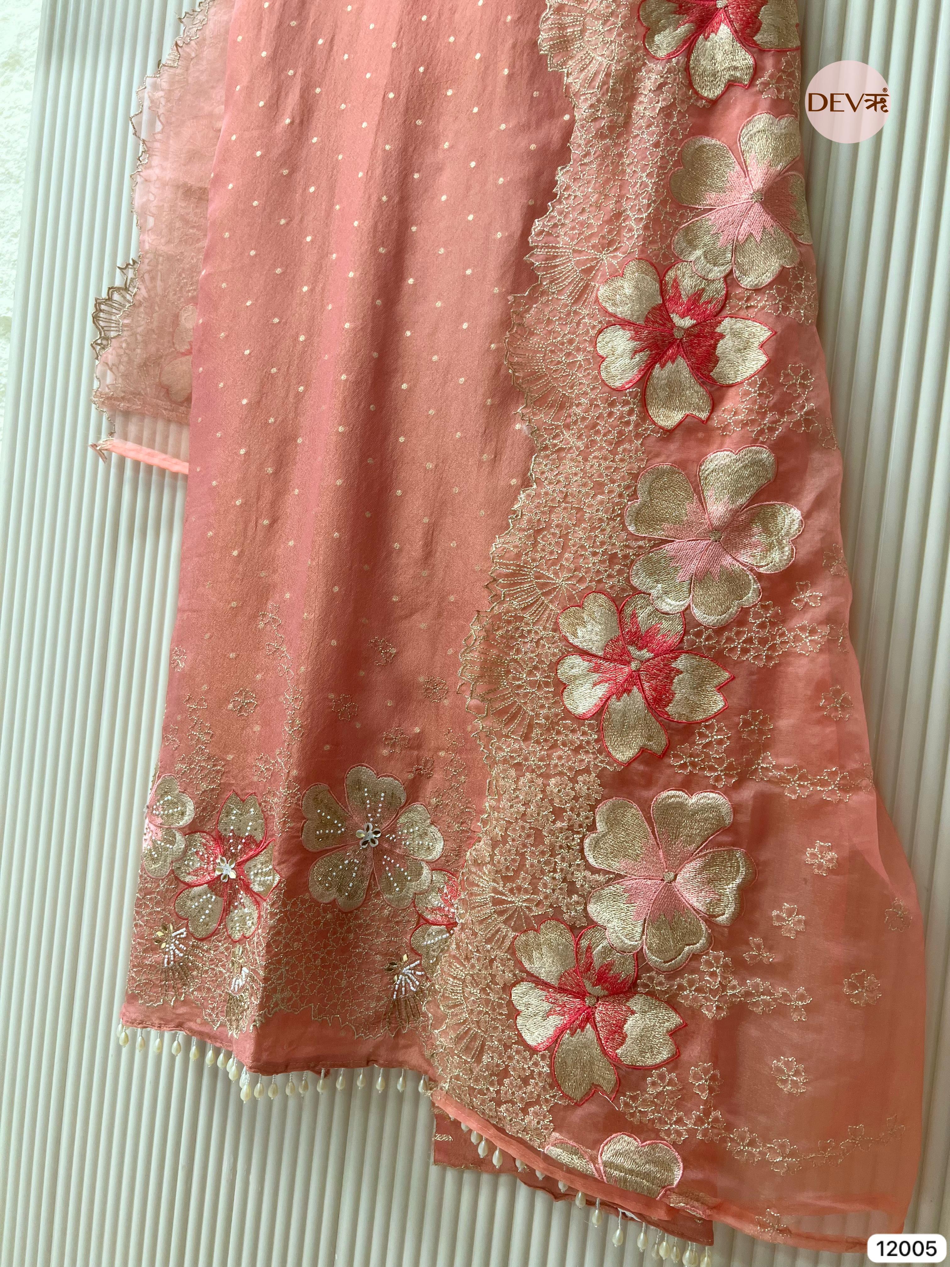 Light Pink Tissue Shimmer Silk Unstitched Embroidered -Set Of 3 - {12005}