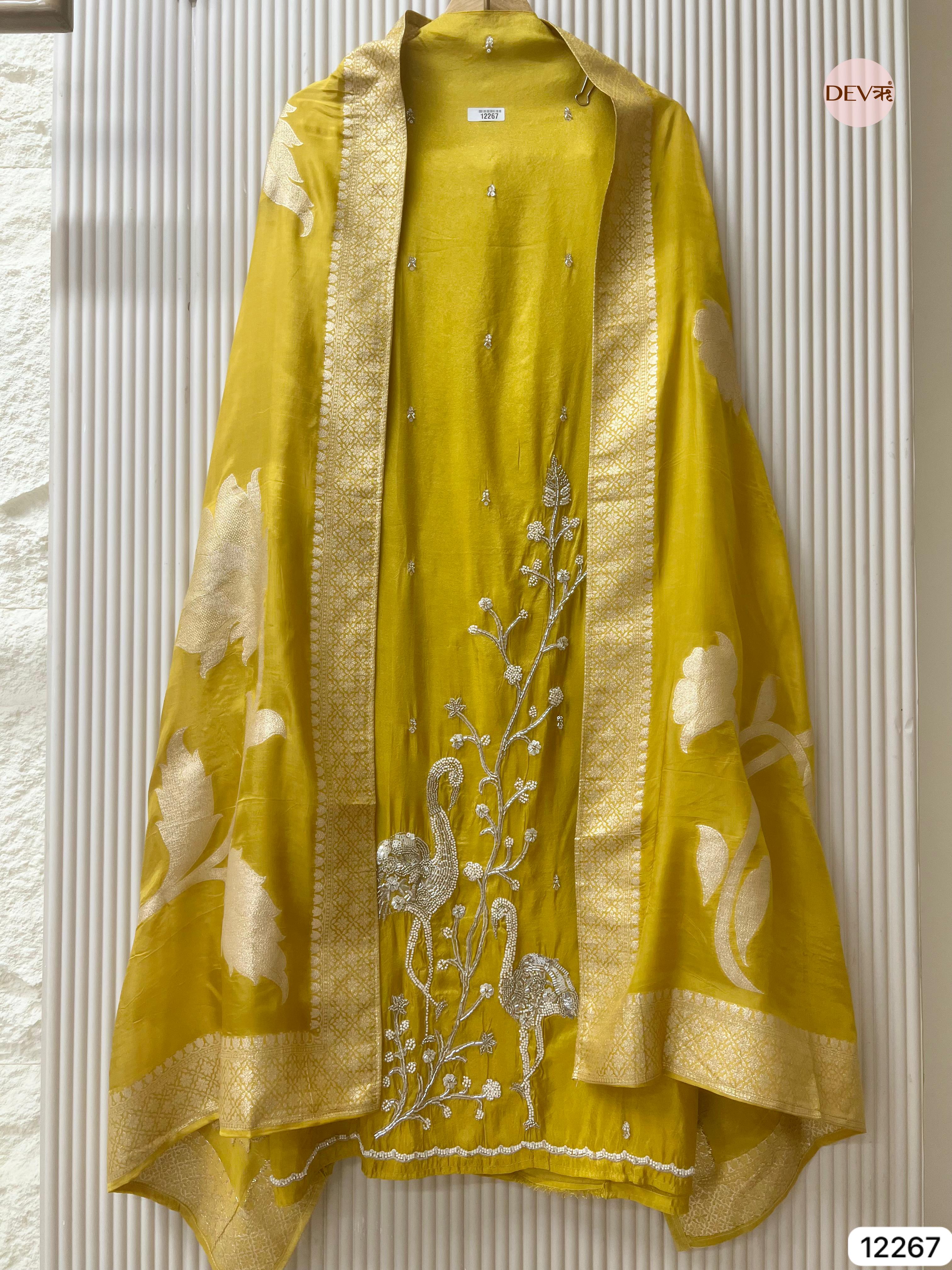 Mustard Shimmer Silk Embroidered Unstitched 3-Piece Suit (Devri – D.No 12267)