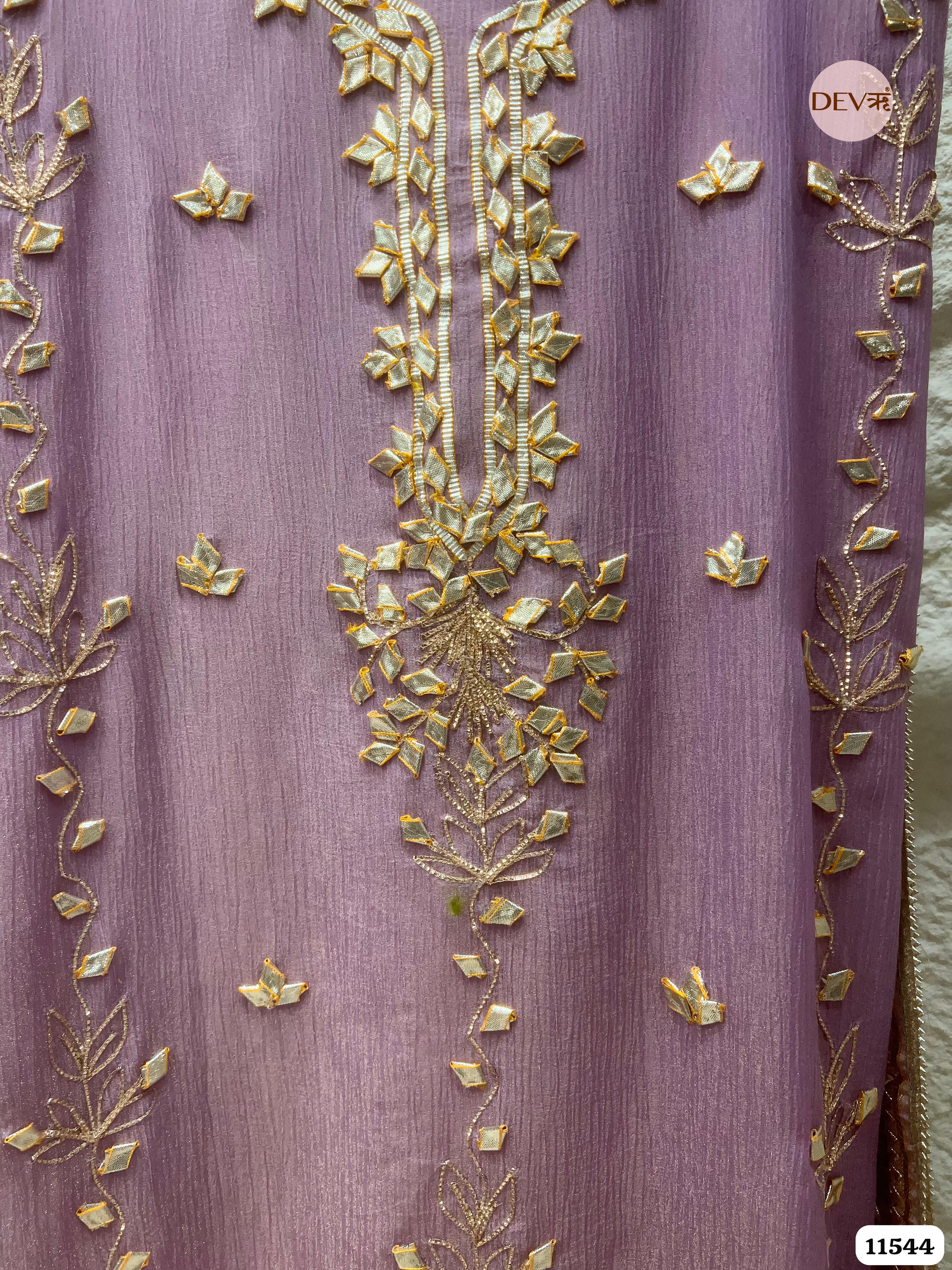 Purple Pure Chinon Unstitched Hand Embroidered -Set Of 3 {11544}