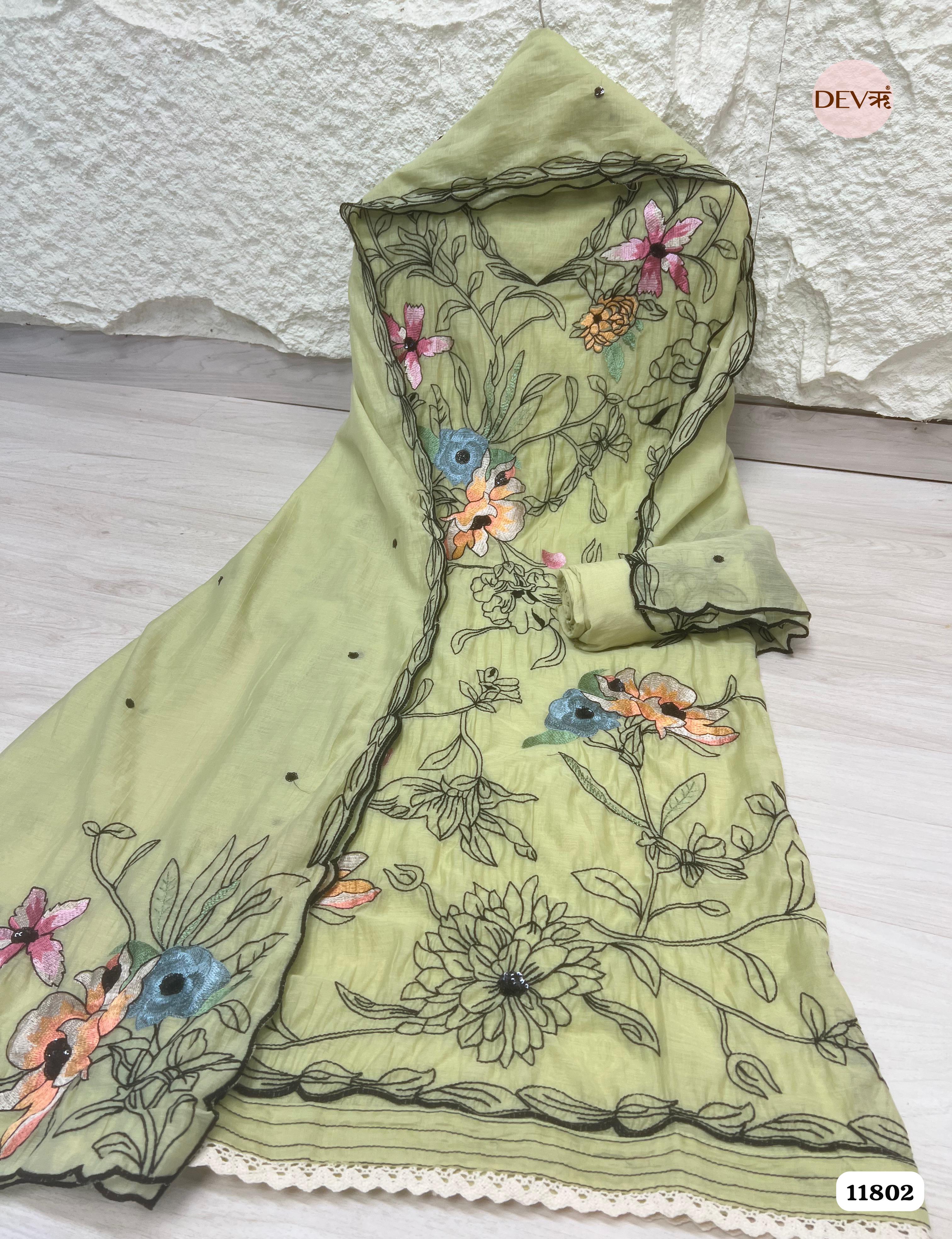 Green Mul Chanderi Unstitched Embroidered -Set Of 3 {11802}