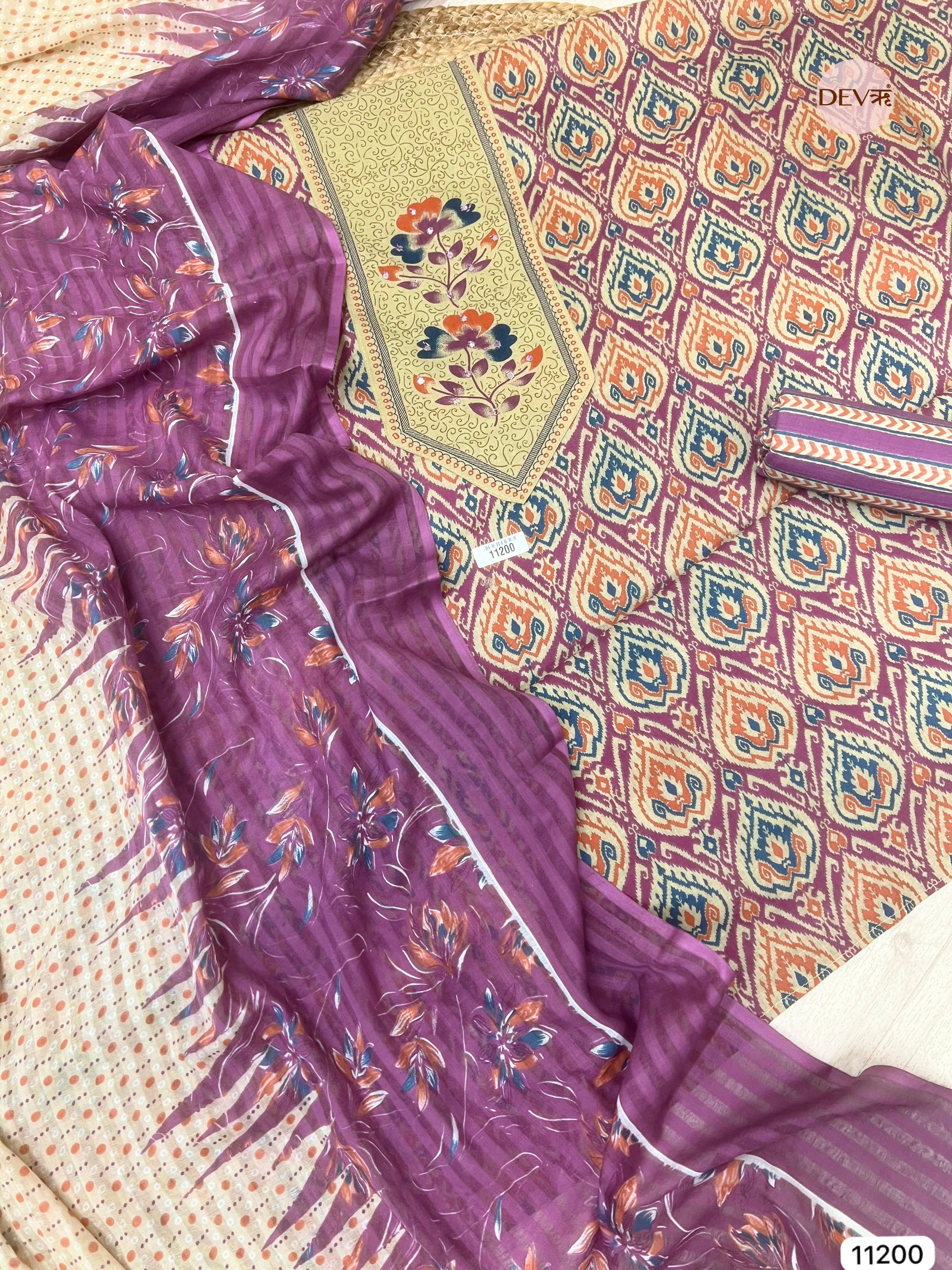 {11200} Purple Pure Cotton unstitched Printed Embroidered -Set Of 3