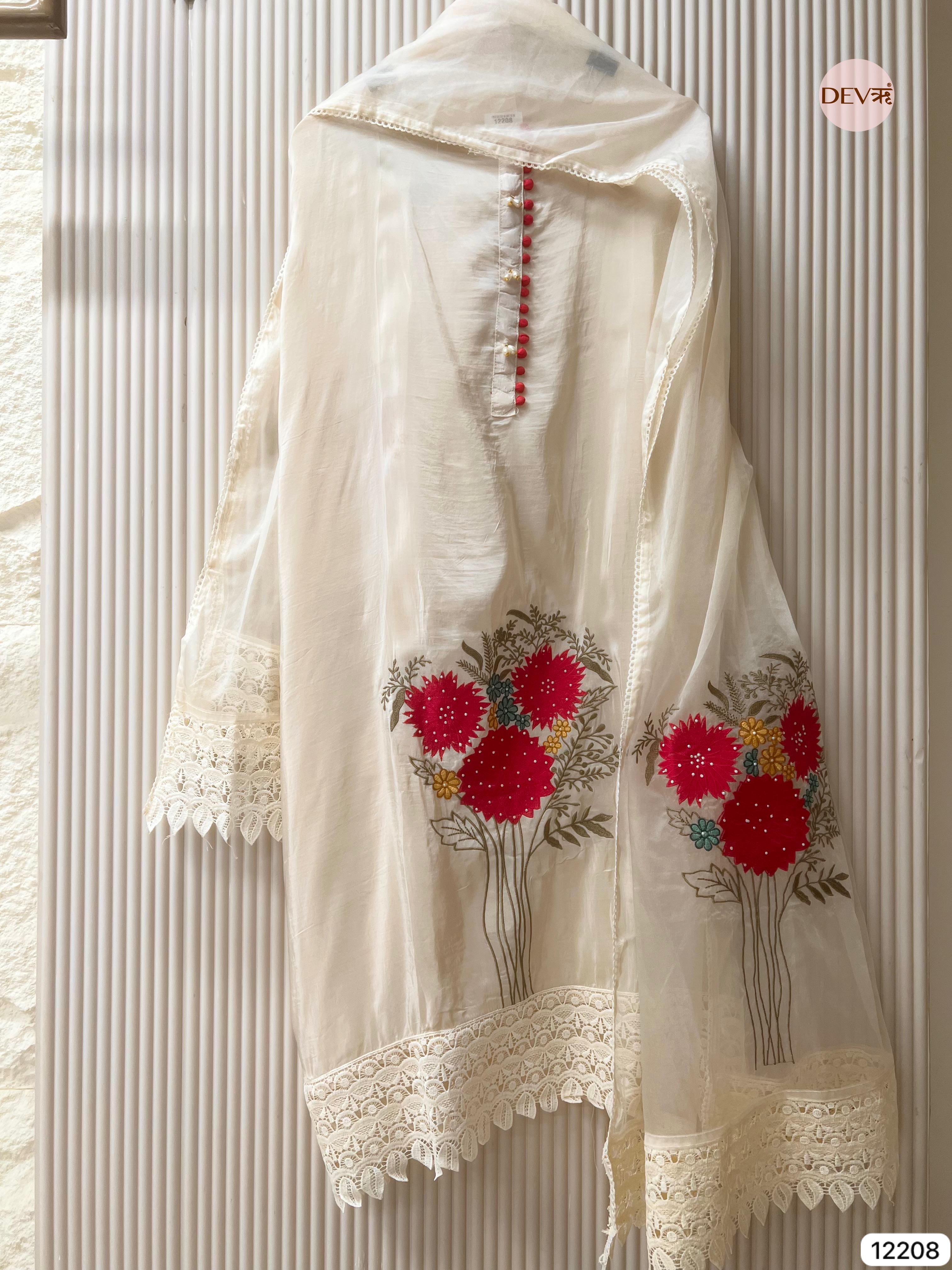 Ivory Glass Organza Embroidered Unstitched 3-Piece Suit (Devri – D.No 12208)