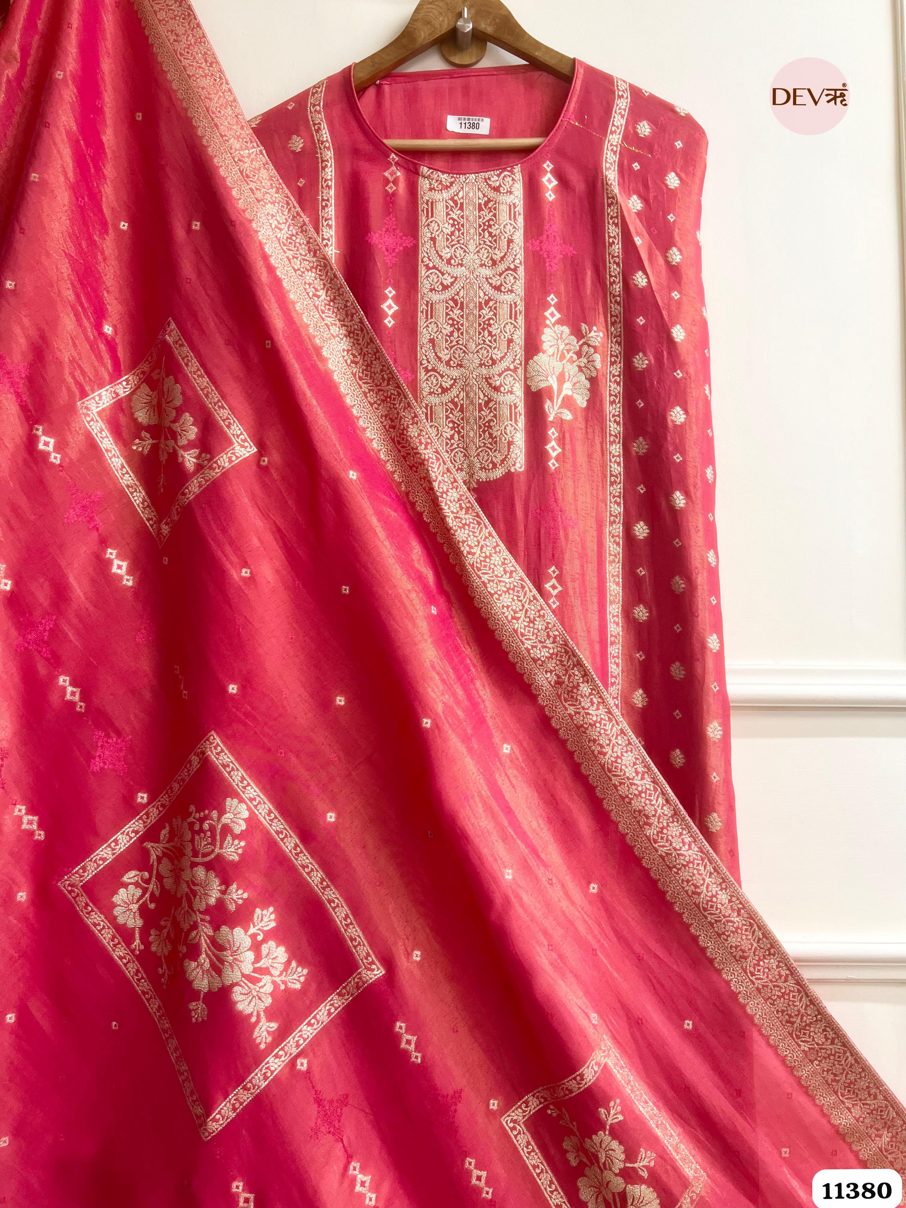 Pink Tissue Silk Unstitched Woven -Set Of 3 {11380}