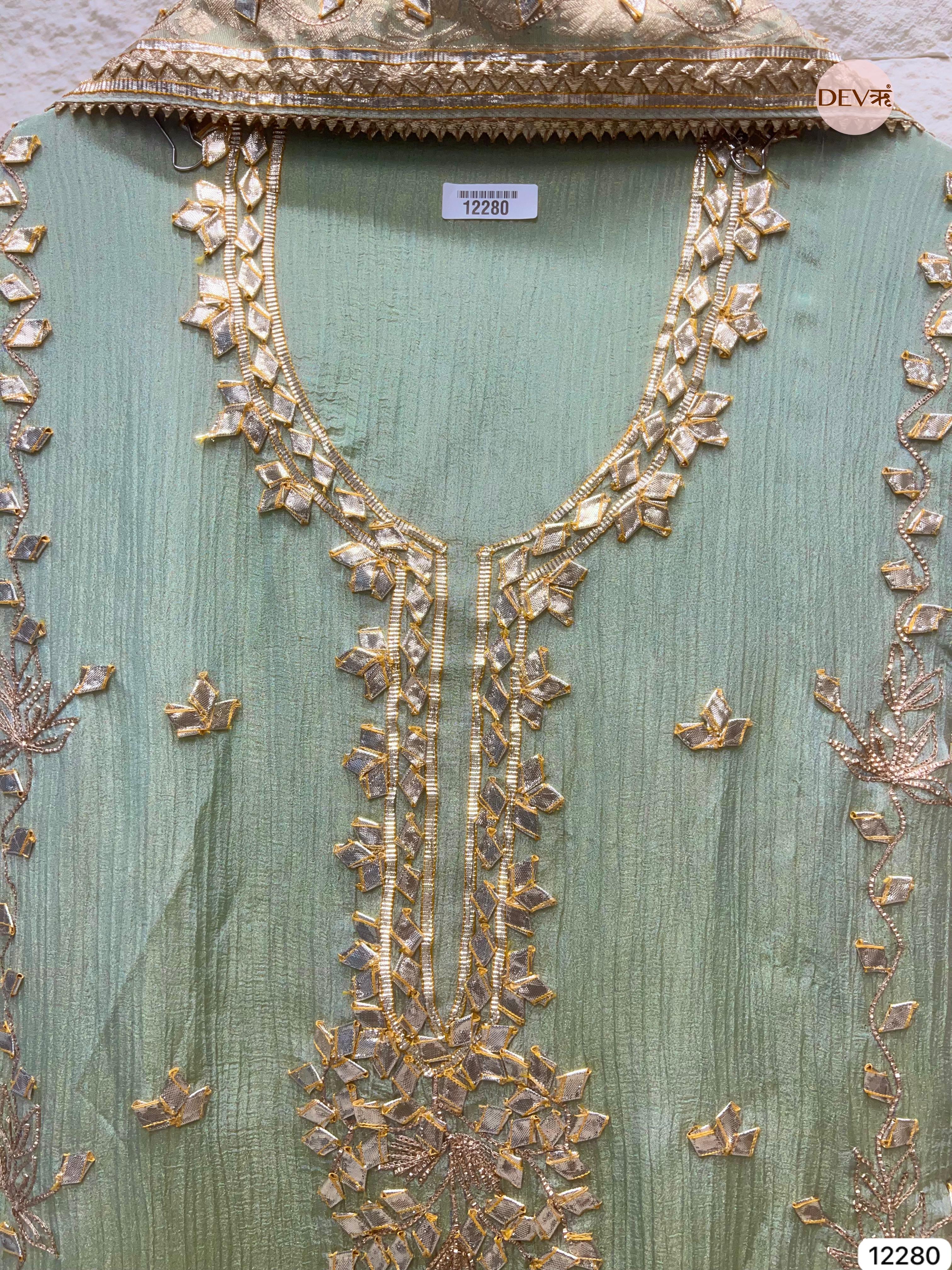 Green Pure Chinon Unstitched Hand Embroidered -Set Of 3 - {12280}