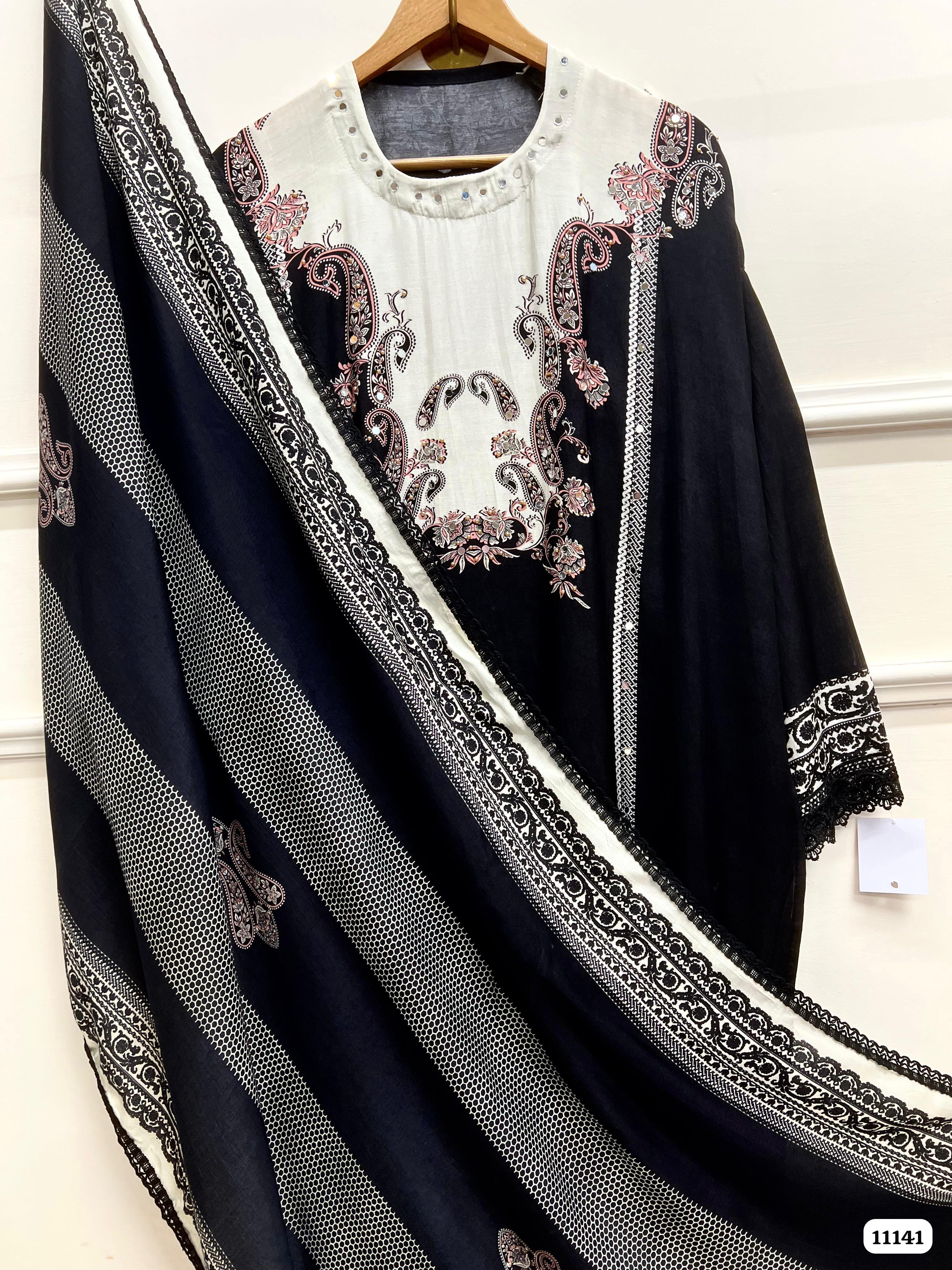 Black Muslin Semi Stitched Printed -Set Of 3 {11141}