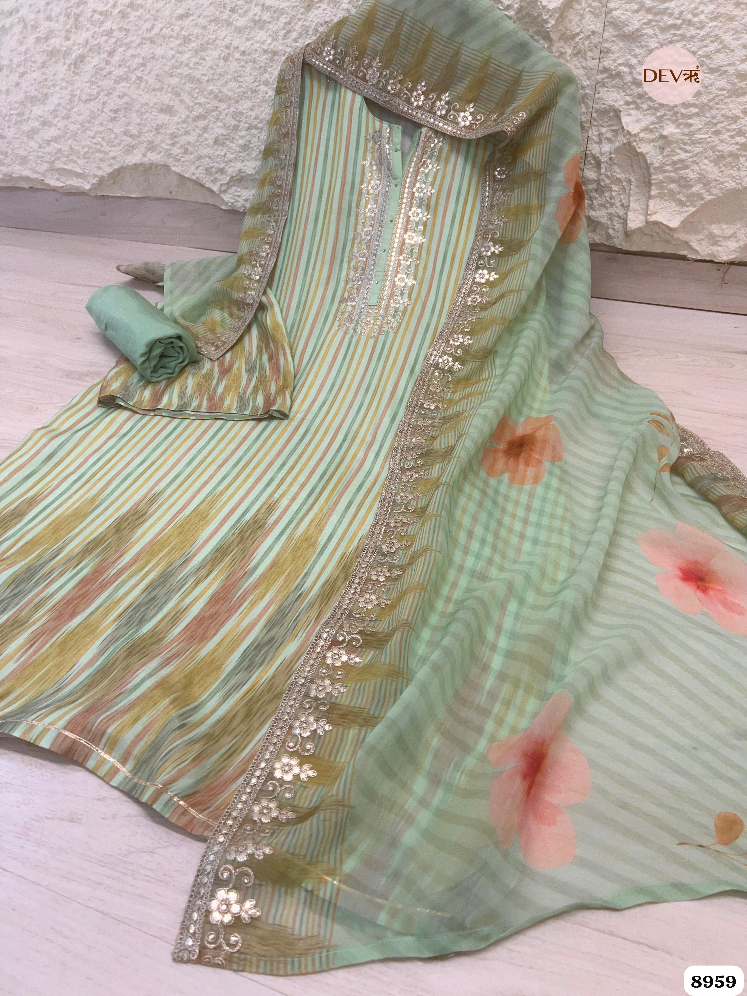 Green Pure Muslin Unstitched Printed Hand Embroidered -Set Of 3 - {8959}